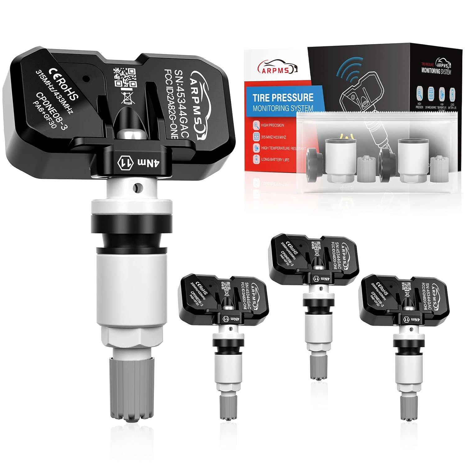 TPMS Sensor 4pcs, GM 315Mhz Tire Pressure Monitoring Sensor Replacement for Chevy Silverado GMC Cadillac Buick Pontiac Saturn Hummer Replace#13598771, 13598772, 13586335, 13581558