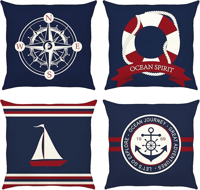 Bonhause Nautical Sailing Cushion Covers 18 x 18 Inch Set of 4 Compass Sailboat Anchor Decorative Throw Pillow Covers Linen Pillowcases for Sofa Couch Bedroom Indoor Outdoor Decor, 45cm x 45cm