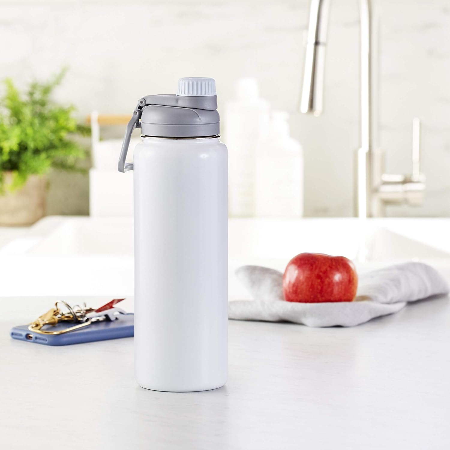  Basics Stainless Steel Insulated Water Bottle with Spout Lid – 30-Ounce, White
