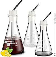 Copkim 2 Pack 8.5oz Erlenmeyer Flask Glasses - Lab Chemistry Beaker for Cocktails Coffee with Straws Coasters Stoppers