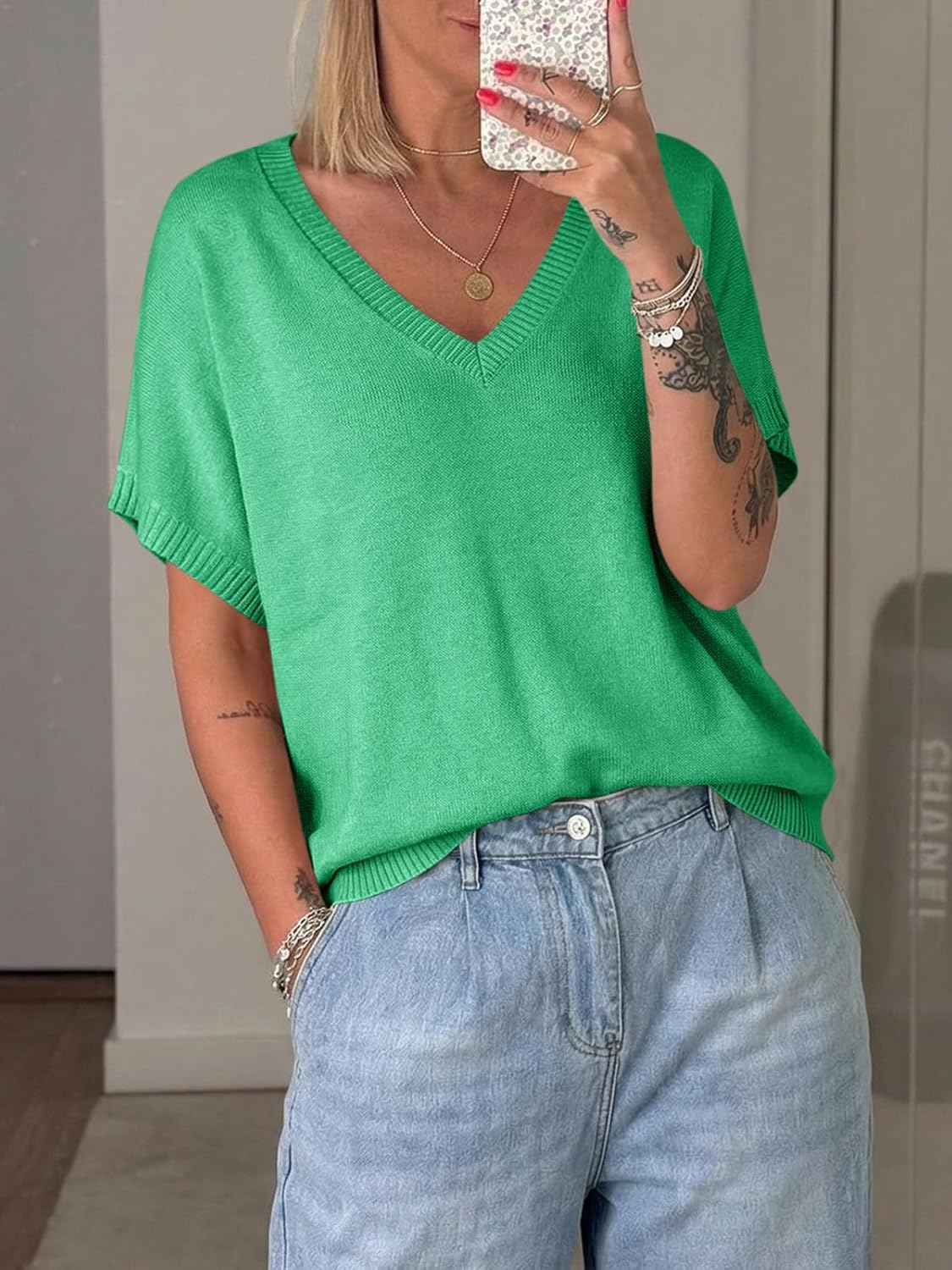 Saodimallsu Womens Oversized Sweaters Batwing Short Sleeve Lightweight V Neck Casual Summer Knit Pullover Tops - Image 5