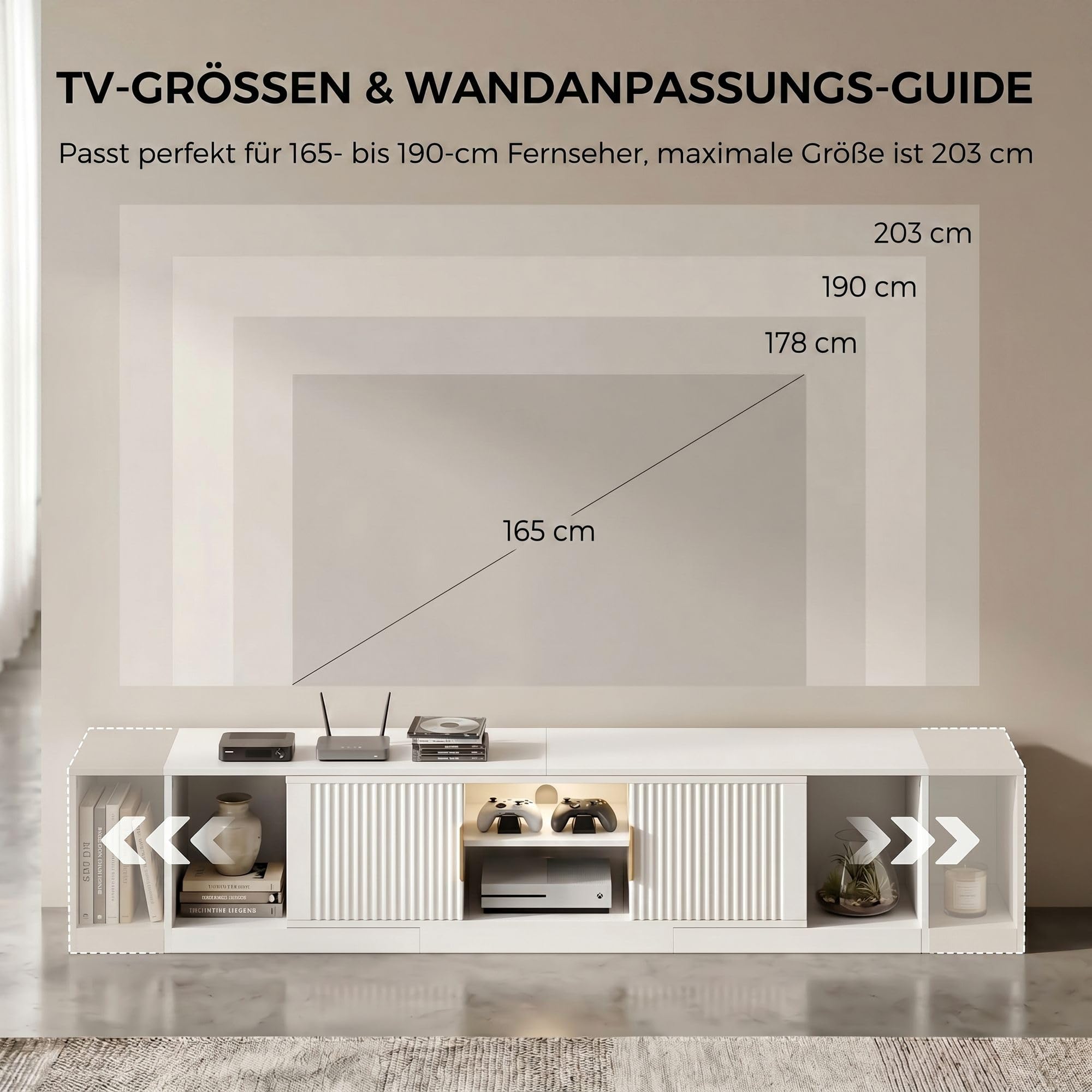 IRONCK TV Schrank Ausziehbar 160–200cm, Lowboard für Fernseher 30-75 Zoll, Drehbar Eck Fernsehschrank Holz, 2 Türen und verstellbaren Stauraum, Modern TV Board Fernsehtisch für Wohnzimmer, Weiß