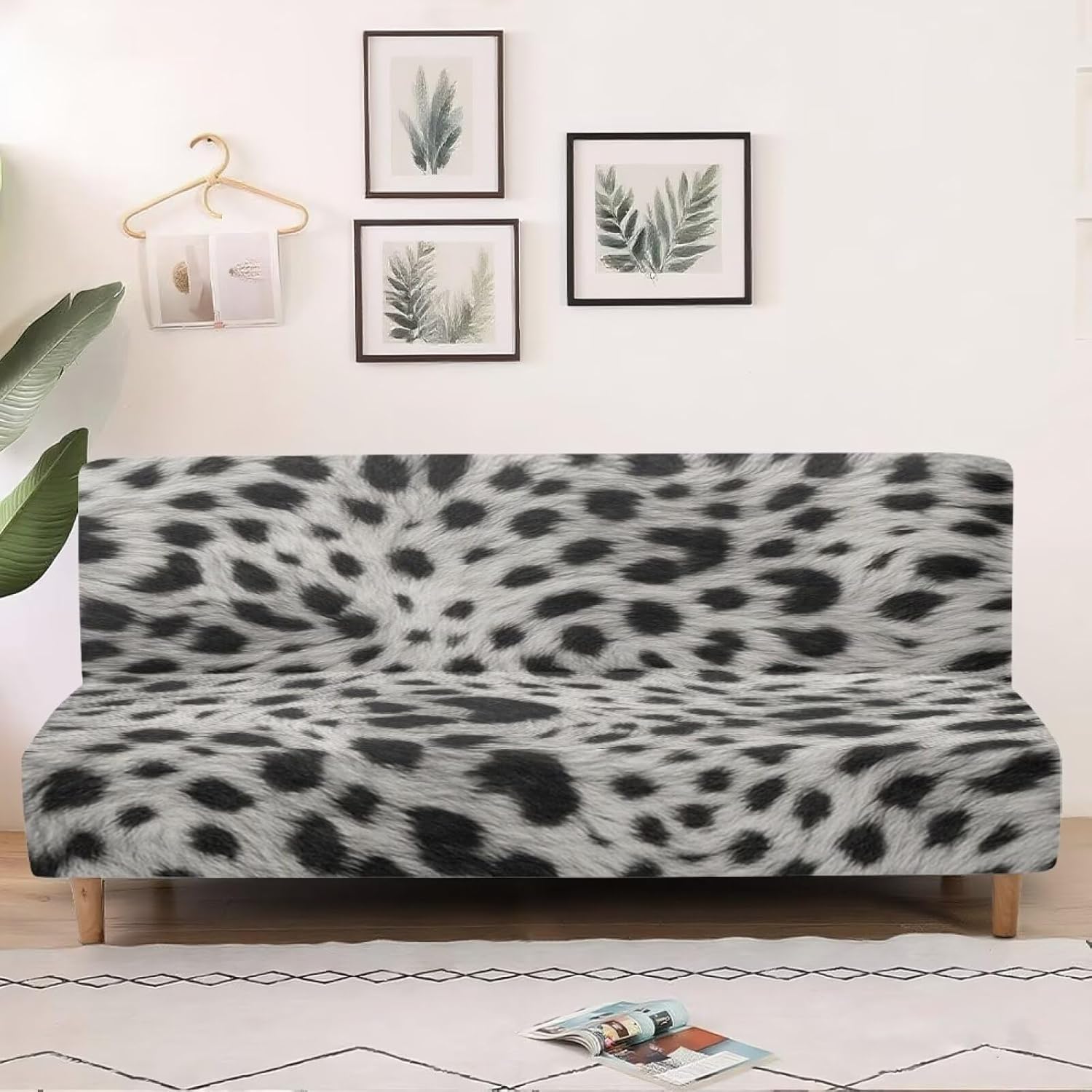 Black White Leopard Print Armless Futon Slipcover, Dustproof Futon Sofa Slipcover Without Armrests Soft Couch Chair Protection for Pets Kids