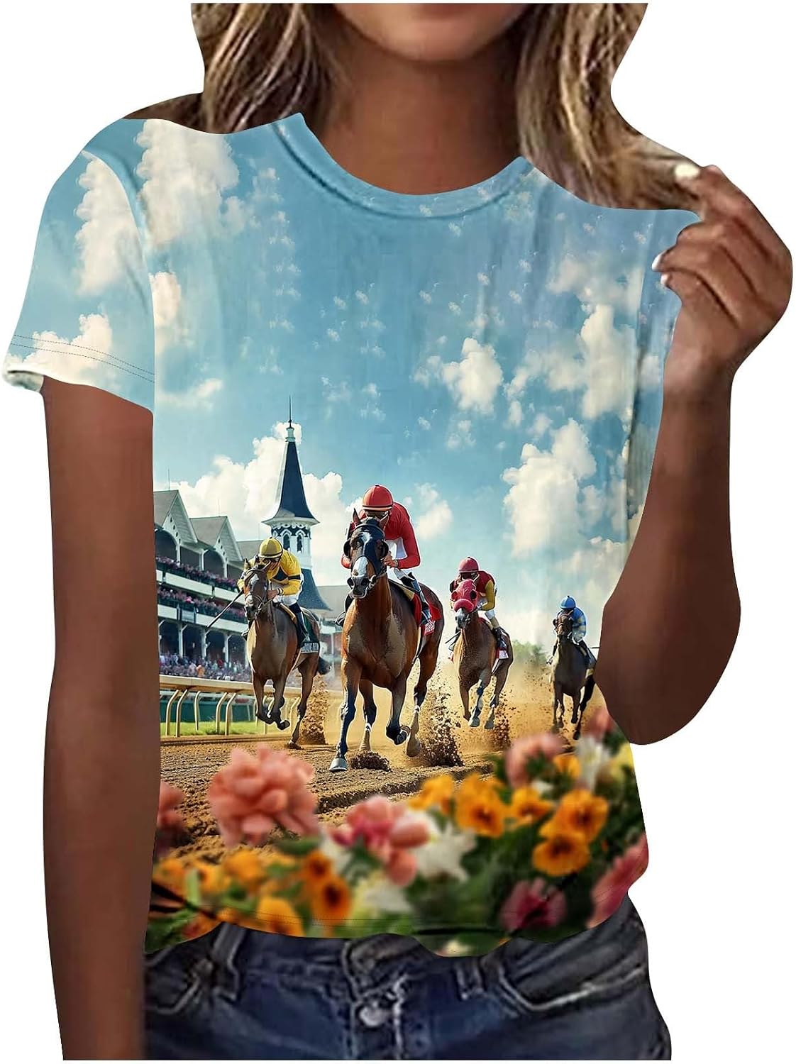 Horse Racing T Shirts for Women Summer Casual Short Sleeve Tops Funny Graphic Tees Crewneck Loose Fit Tunic Blouse
