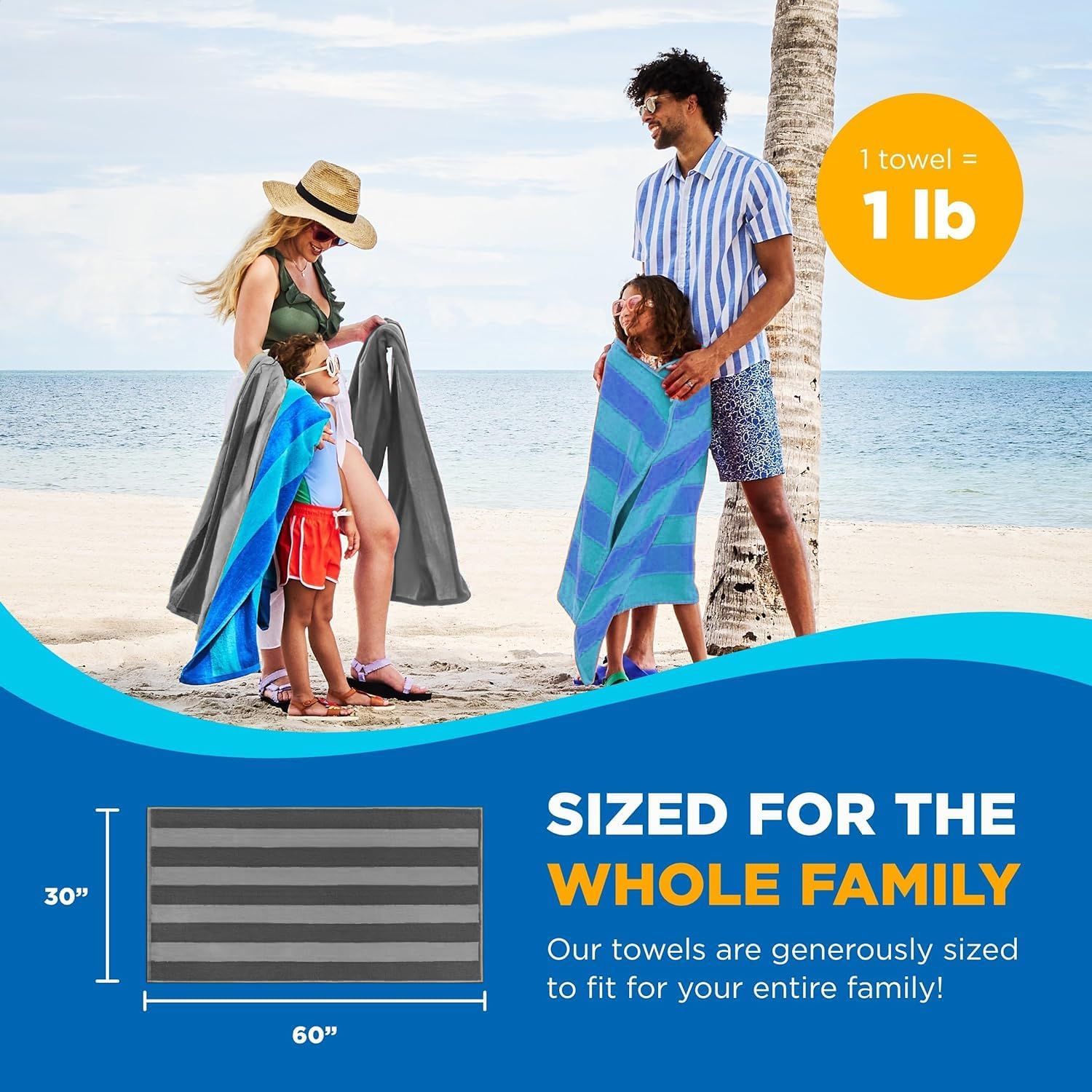 Kaufman - Ultrasoft, Plush 100% Combed Ring Spun Yarn Dye Waffle Weave Cotton Velour Oversized 30” x 60” Highly Absorbent Quick Dry, Colorful Striped Beach Pool and Bath Towel (Multicolor, 2 Pack)