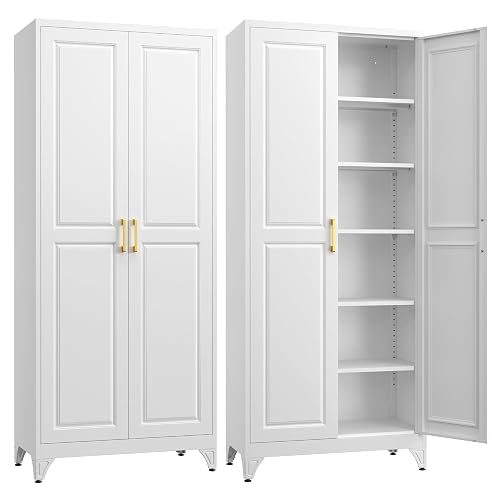 SteeLoong 75”Metal Pantry Storage Cabinet with Doors & 5 Adjustable Shelves | Kitchen Pantry Cabinet,White Kitchen Cabinet with 2 Gold Handles,Tall Cabinet for Livingroom,Pantry, Bathroom,Kitchen,Garage