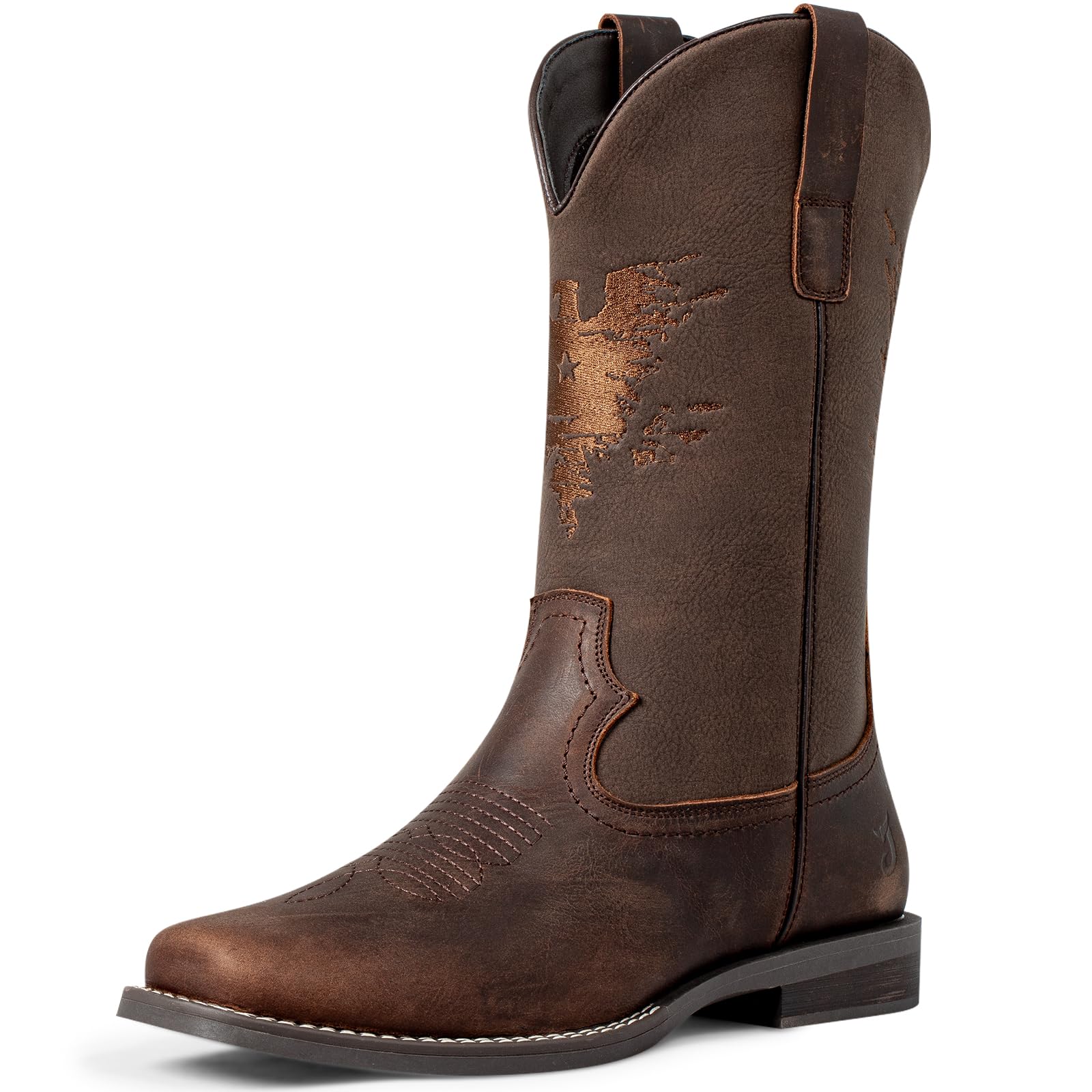 J's.o.l.e Cowboystiefel aus Leder für Herren, quadratischer Zehenbereich, Western-Stil, zum Reinschlüpfen, bestickt, Landarbeit, Reitkleid, Stiefel, Braun