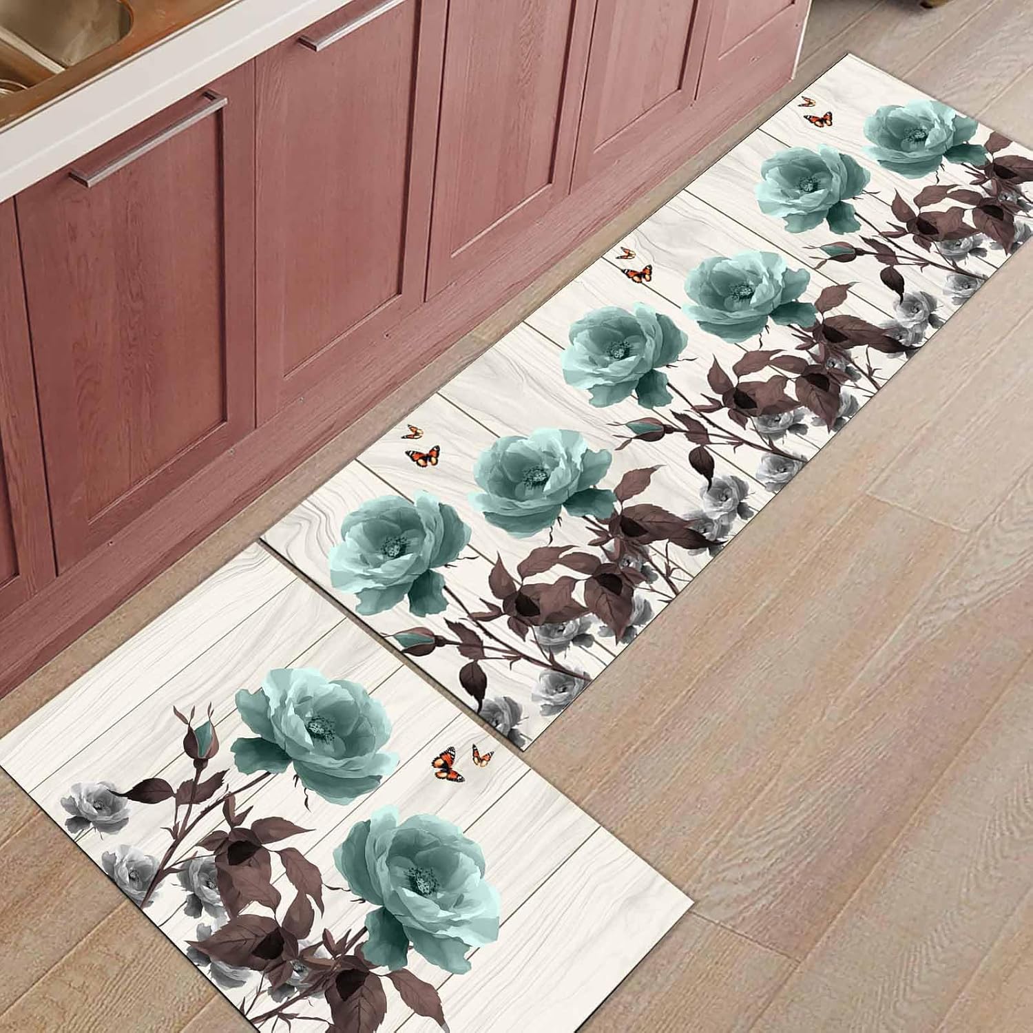 2 Pieces Kitchen Rugs and Mats,Retro Watercolor Flower Leaf Area Runner Rug Set Non Slip Floor Doormat Washable Carpet Standing Mat for Kitchen Sink Indoor Corridor,Rustic White Wood Butterfly