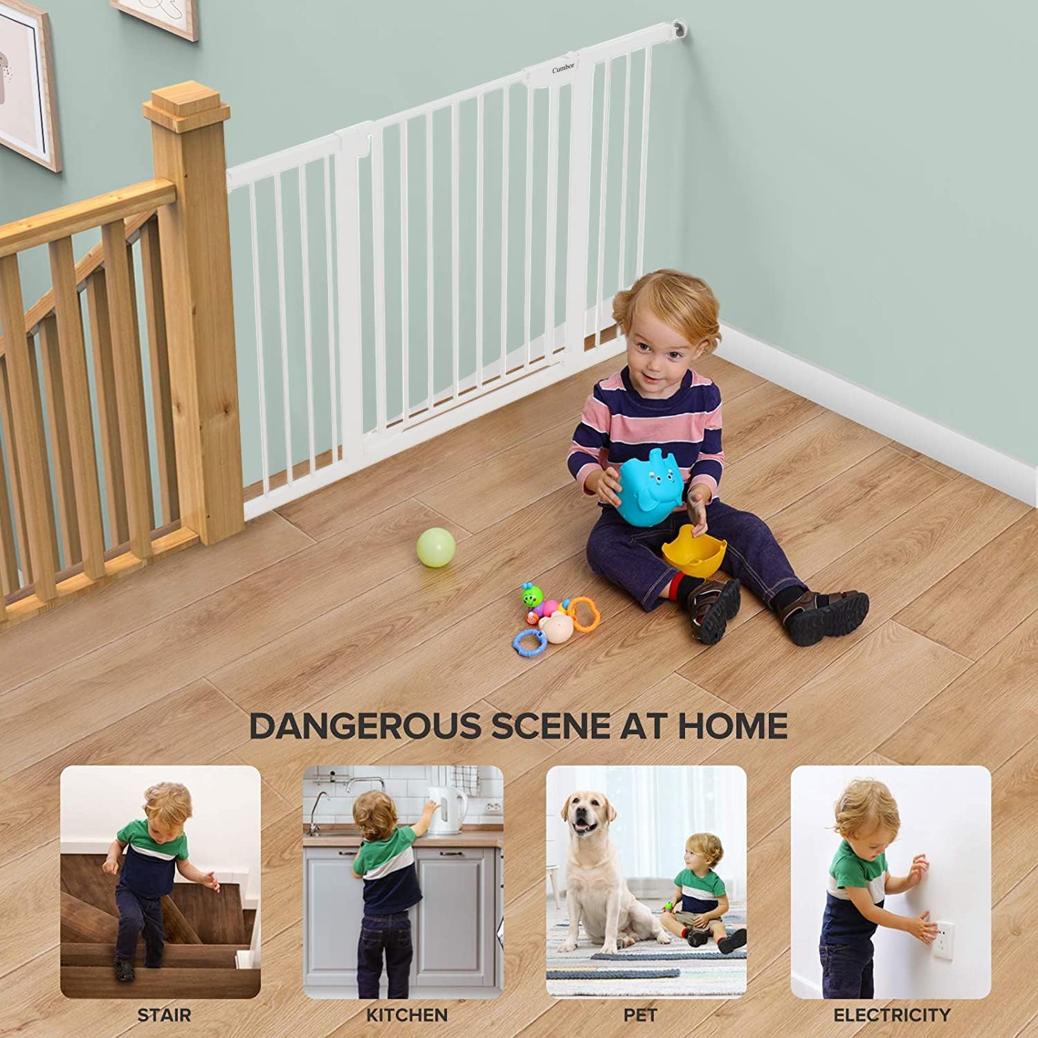 Mom's Choice Awards Winner-Cumbor 29.5"-51.6" Baby Gate Extra Wide, Easy Walk Thru Dog Gate for The House, Auto Close Safety Pet Gates for Stairs, Doorways, Child Gate Includes 4 Wall Cups,White : Baby