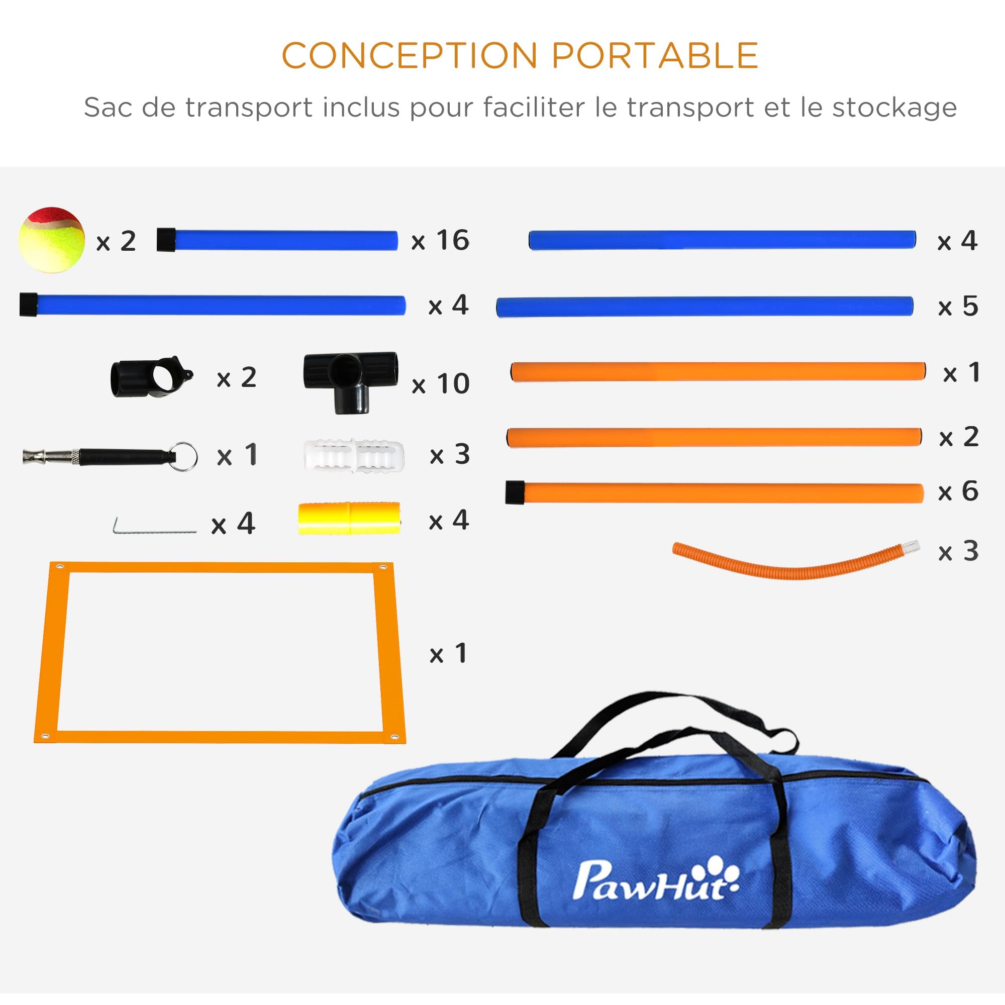 PawHut Kit d'agilité pour Chien 4 pièces avec Slalom, Anneau de Saut, Haies, kit de Dressage pour Animaux de Compagnie avec sifflet, 2 balles, Sac de Transport