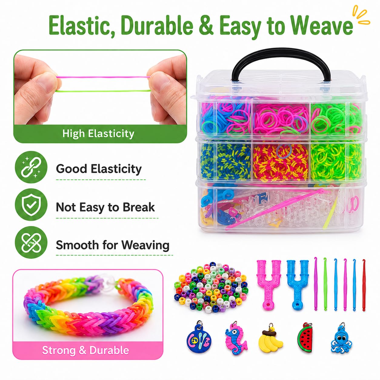 ONECK Elastico Bands Kit 4500 Elastici e Accessori DIY Elastici Colorato Nastri Box per Lavorare a Maglia Giocattolo per bracciali Collana per Bambini