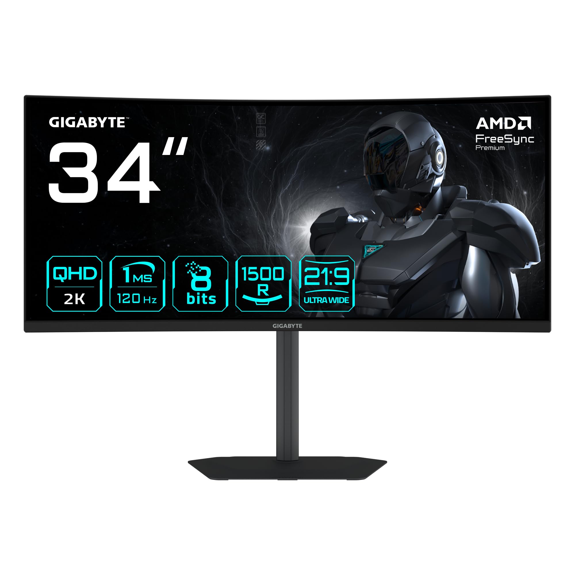 Gigabyte GS34WQCA Monitor Gaming Curvo 34" WQHD – 3440 x 1440, 1500R, 120Hz, 1ms, 300 cd/m², FreeSync Premium, HDR Ready, HDMI 2.0, DisplayPort 1.4