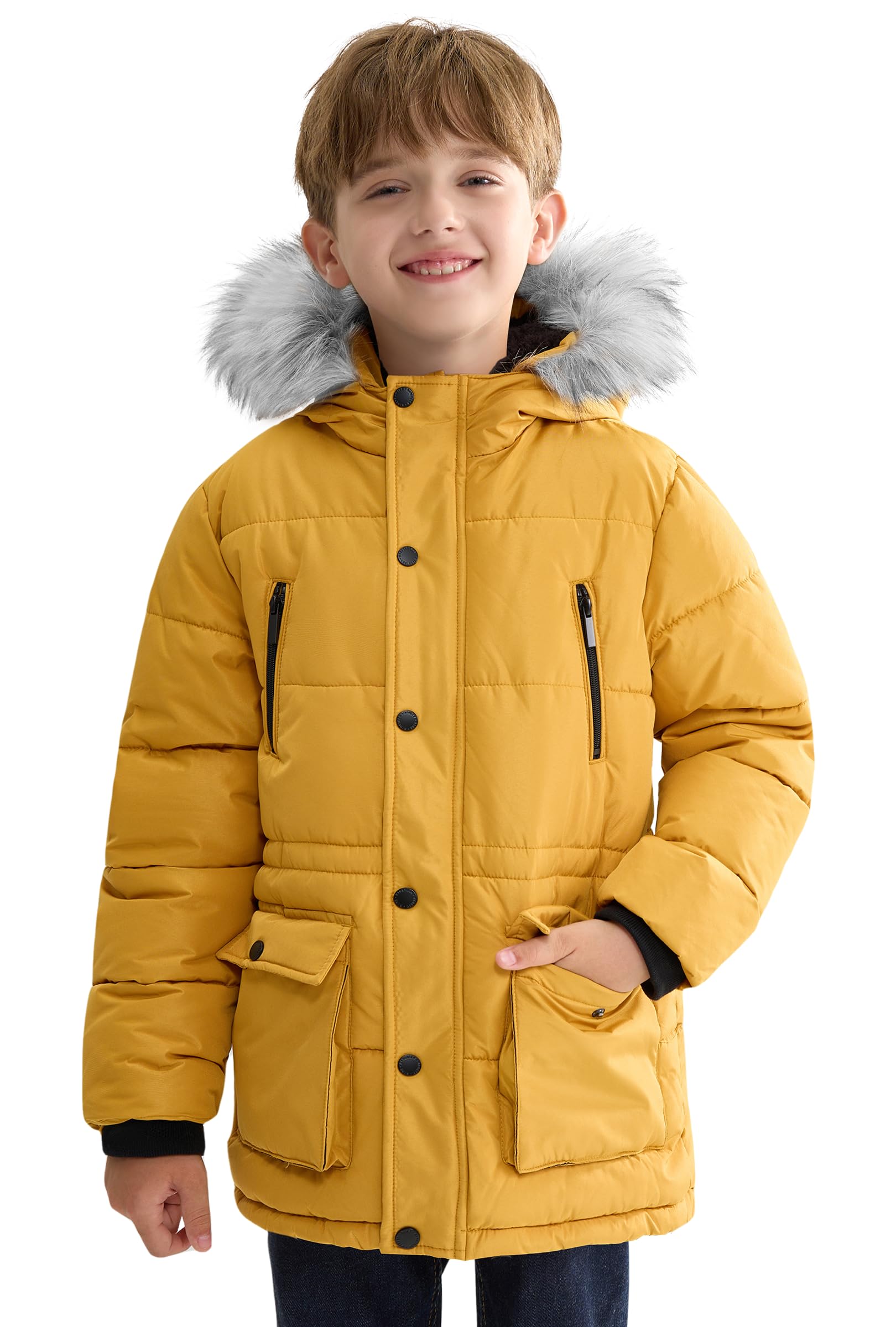 maoo garden Abrigo de Invierno Acolchado para Niños, Chaqueta con Capucha de Piel Forrada de Sherpa de Peso Pesado para Niños Grandes, Parka de Nieve Resistente al Agua