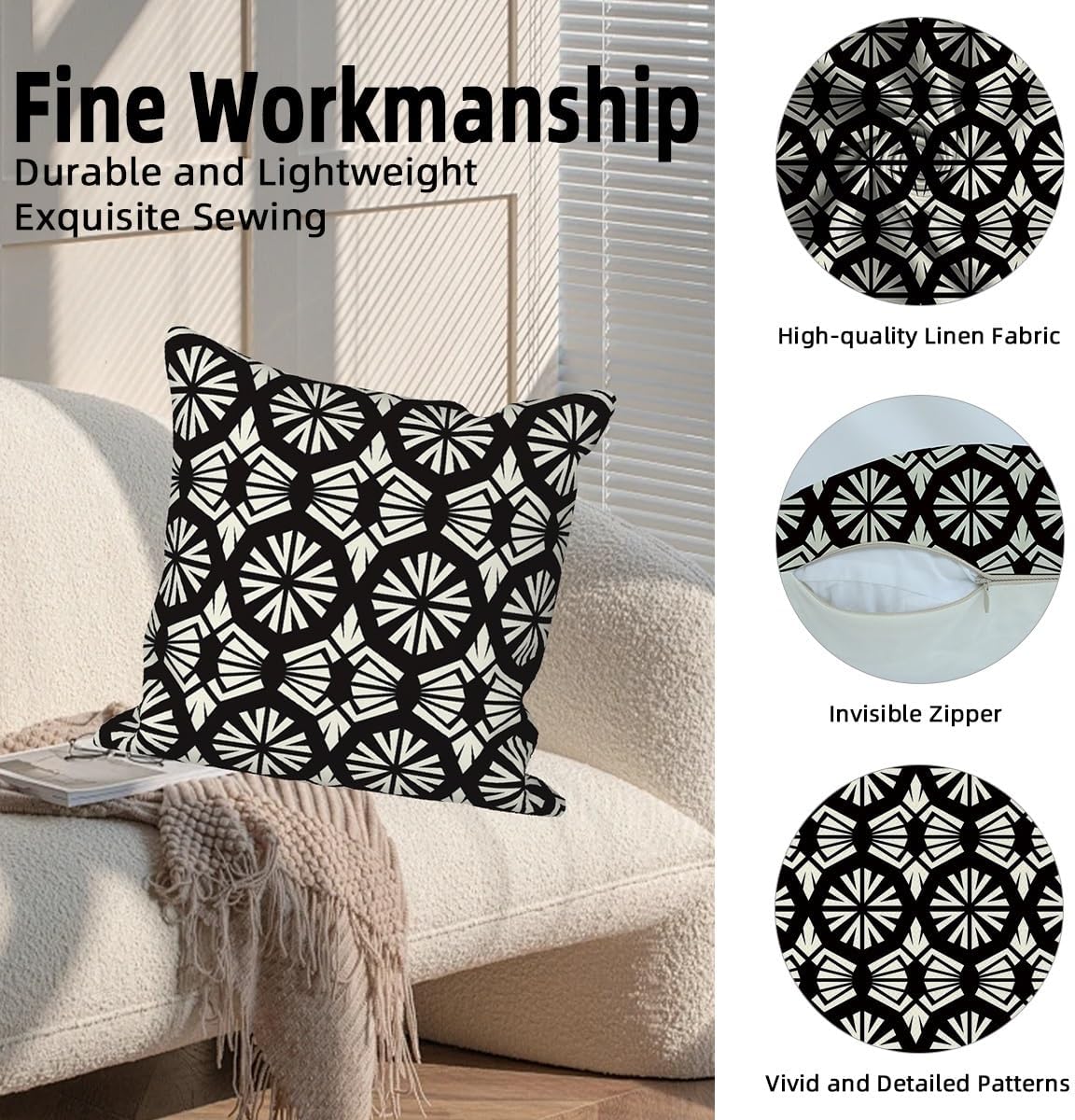 Black Geometry Throw Pillow Covers 22"x22" Set of 4, Bohemian Cushion Covers Moroccan Abstract Floral Pillowcase for Couch Sofa Bed Chair Living Room Patio Home Indoor Outdoor Decorative