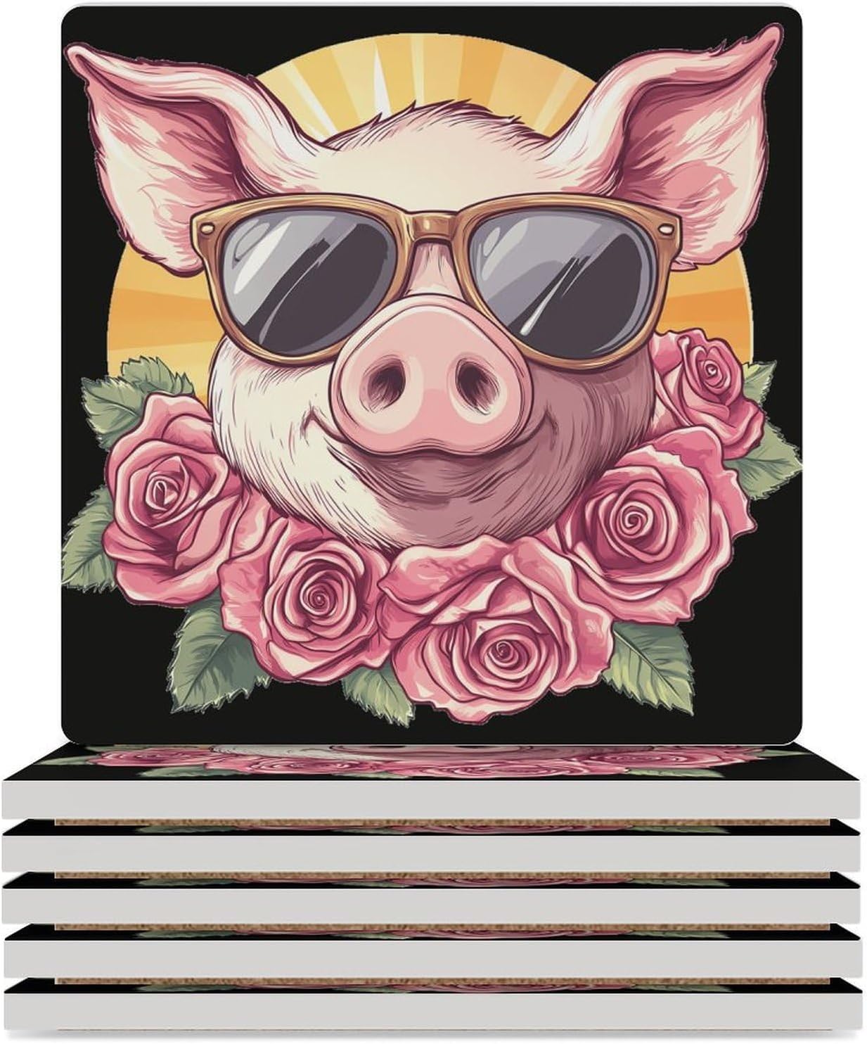 Pigs Rose Flower Ceramic Coasters Square Drinks Coaster Coffee Table Decor Table Coaster for Home Bar
