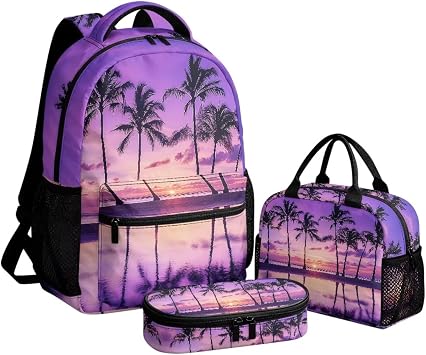 PinUp Angel Purple Beach Sky Palm Tree Print Kids Backpack Set 3 In 27 School Bookbag With Lunch Bag And Pencil Pouch For Girls Preschool Elementary Students