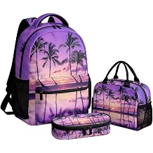 PinUp Angel Purple Beach Sky Palm Tree Print Kids Backpack Set 3 In 27 School Bookbag With Lunch Bag And Pencil Pouch For Girls Preschool Elementary Students