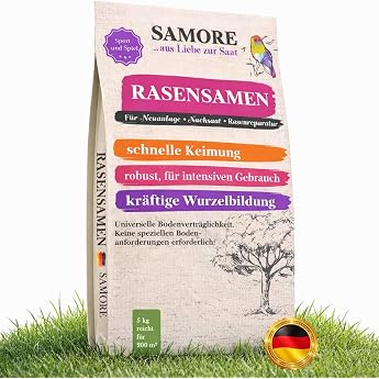 samore 5 kg Lawn Seeds Sport and Play Fast Germinating Enough for 200 m  Lawn Robust Deep Green New Sowing Reseeding Lawn Seed Grass Seeds Dry Resistant Drought Resistant - Made in Germany