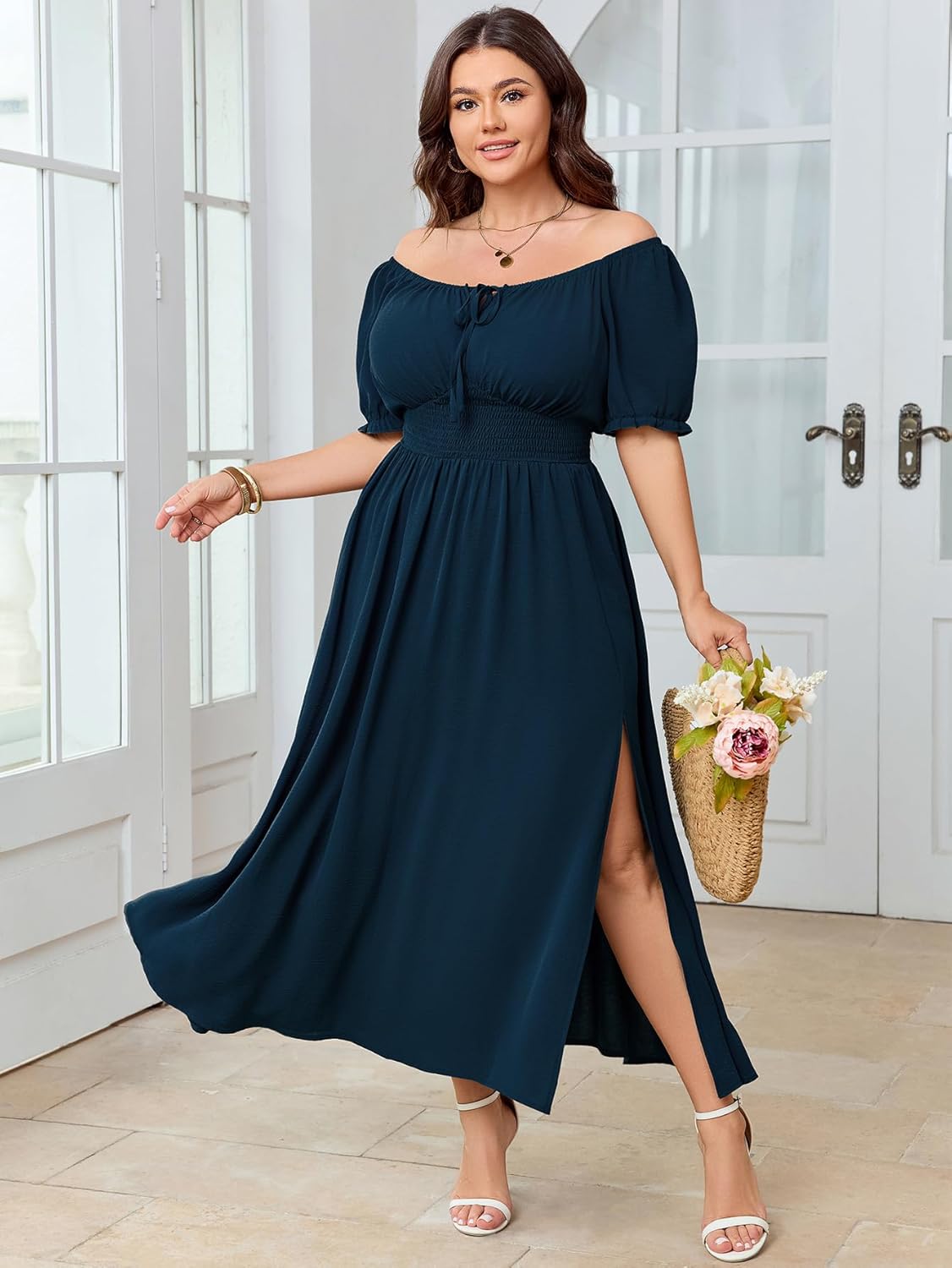 Women's Plus Size Maxi Dress Short Sleeve Smocked Square Neck Tie Front Split A-Line Flowy Long Dresses - Image 3