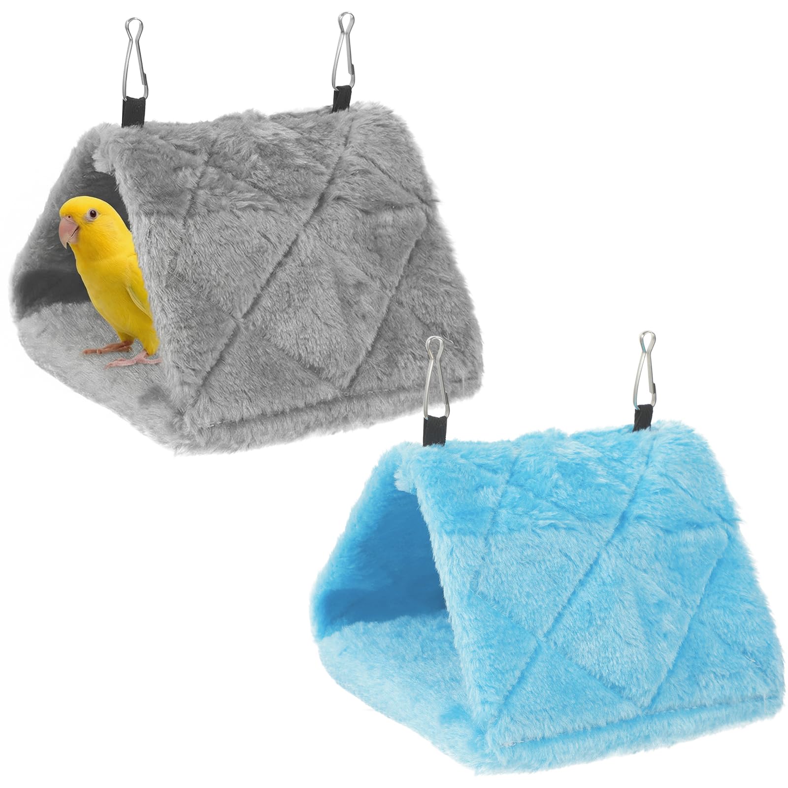 APLZGMG 2Pcs Bird Nest Hammock, Birds Hut for Cage, Warm Plush Snuggle Cave Hanging Bed, Parrot Sleeping Bed for Budgies, Parakeets, Cockatiels & Small Parrots (Blue & Grey Size S)