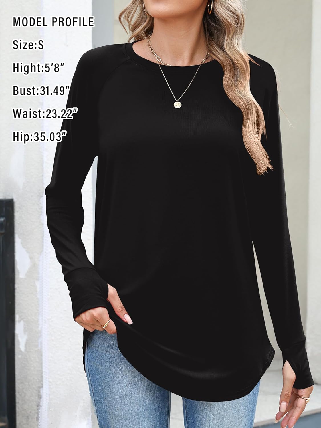 Elesomo Womens T Shirts Long Sleeve Casual Crew Neck Thumb Hole Tops Tunic with Leggings - Image 2