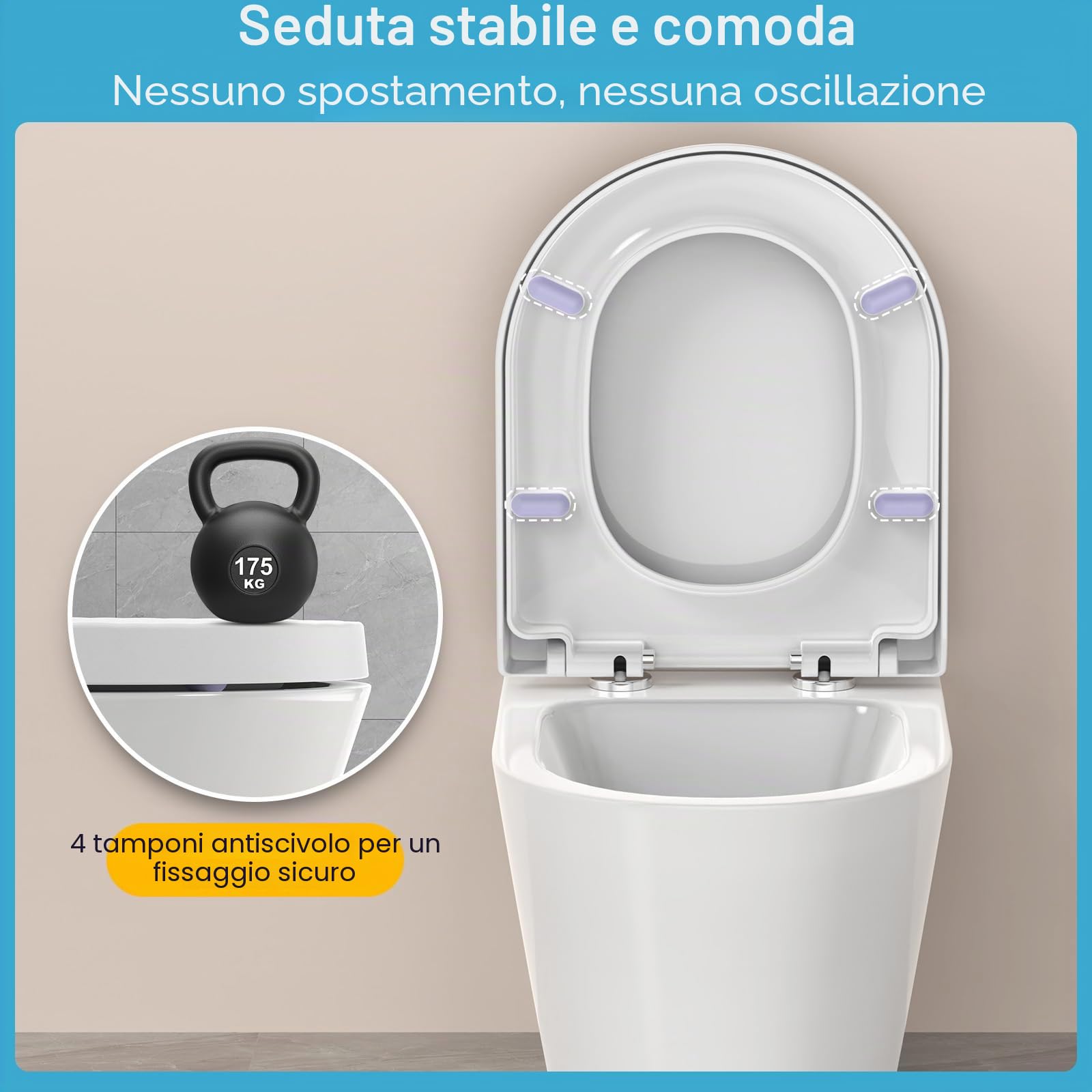 YEAUPE PRO Tavoletta WC D Forma, Copriwater, Sedile WC Chiusura Ammortizzata con Sgancio Rapido a un Pulsante, Modello di installazione allegato, Trama di rombo Bianco, 43,5 * 36,2 * 5,1 CM