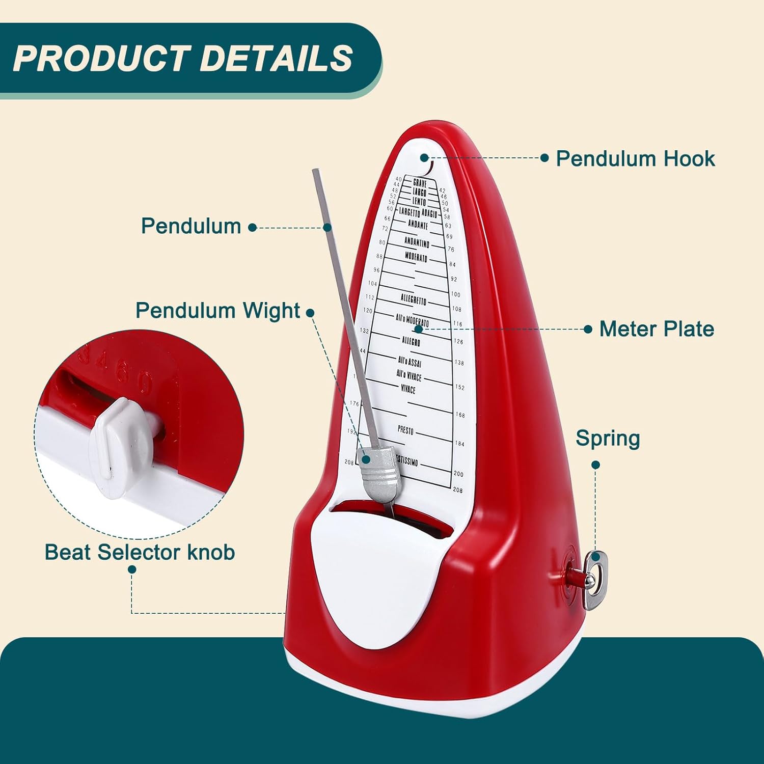 MECCANIXITY Mechanical Metronome,High Accuracy Professional Musical Timer Universal Music Metronome for Piano Guitar Violin Ukulele Player,Dark Red