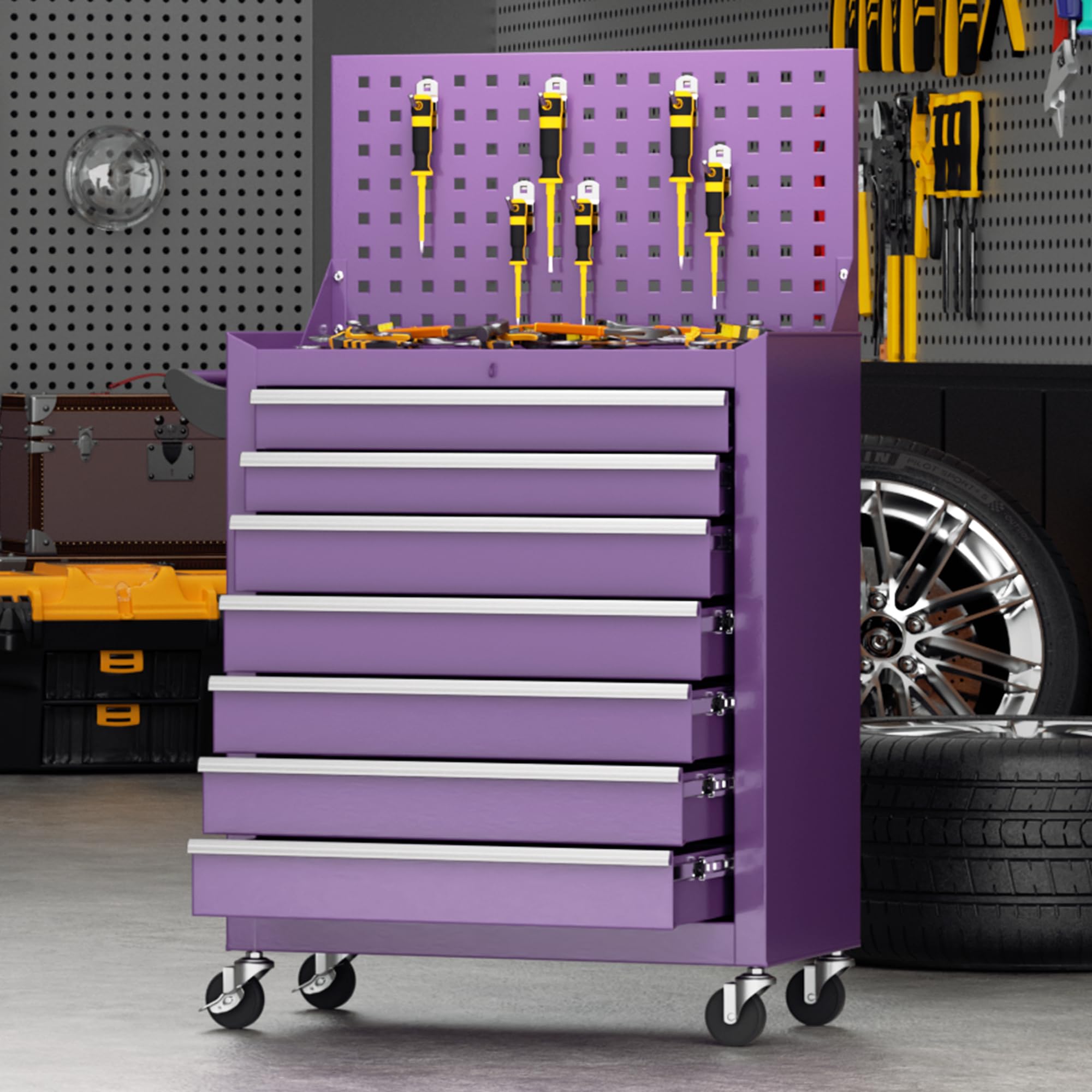 INTERGREAT Caja de herramientas con ruedas de 7 cajones con tablero perforado, baúl de herramientas portátil con ruedas, organizador de herramientas con sistema de bloqueo para garaje (morado)
