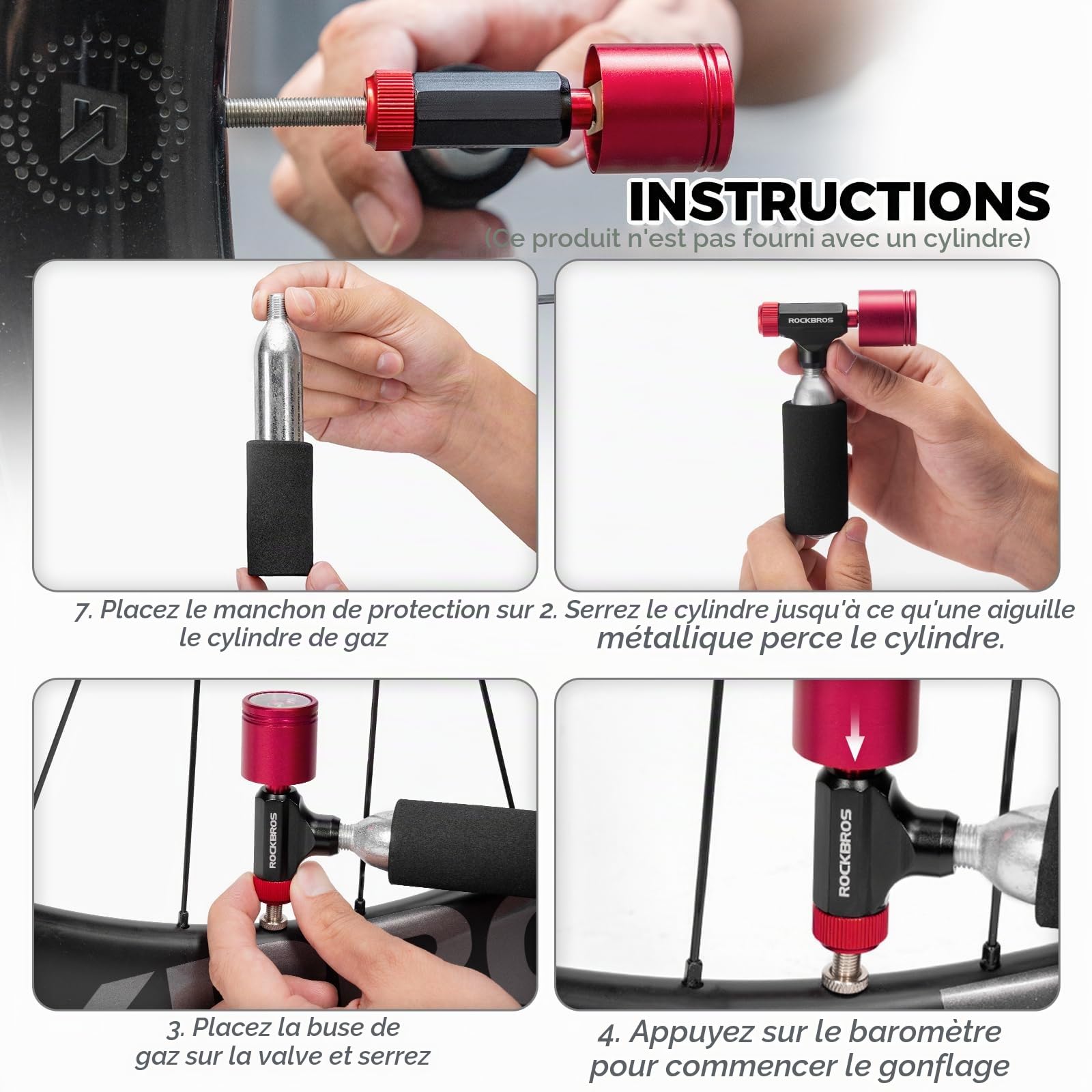 ROCKBROS Mini Pompe À Cartouches De Vélo avec CO2 pour Presta et Schrader Ventilateurs, Gonflage Rapide De Pneu pour VTT, Vélo De Route et Gravel