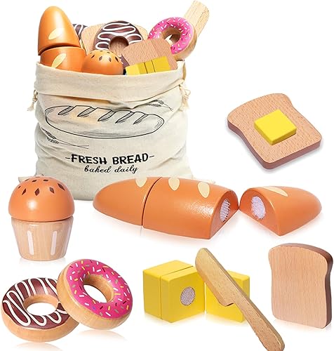 Juego de madera para panadería, juguetes de comida, juego de cocina para niños, accesorios de cocina con bolsa de almacenamiento, juego de