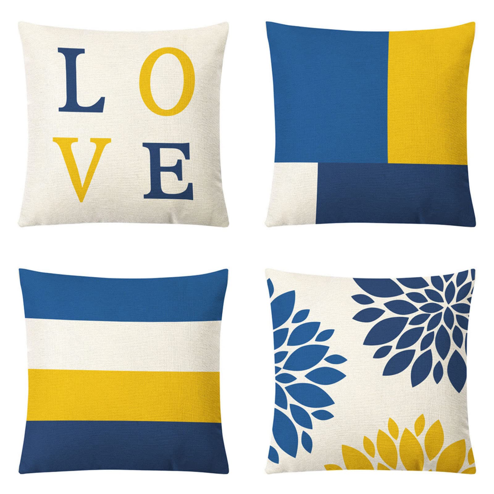 Housse de coussin 65x65 lin bleu jaune : taie oreiller canapé et lit x4