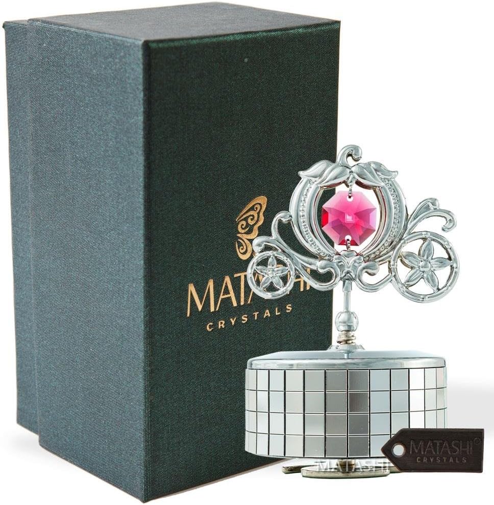 MatashiPrincess Carriage Music Box – Plays ‘You are My Sunshine’ – Tabletop Ornament with Crystals – Chrome-Plated Keepsake Gift for Mom, Wife, Grandma on Mother’s Day, Birthday