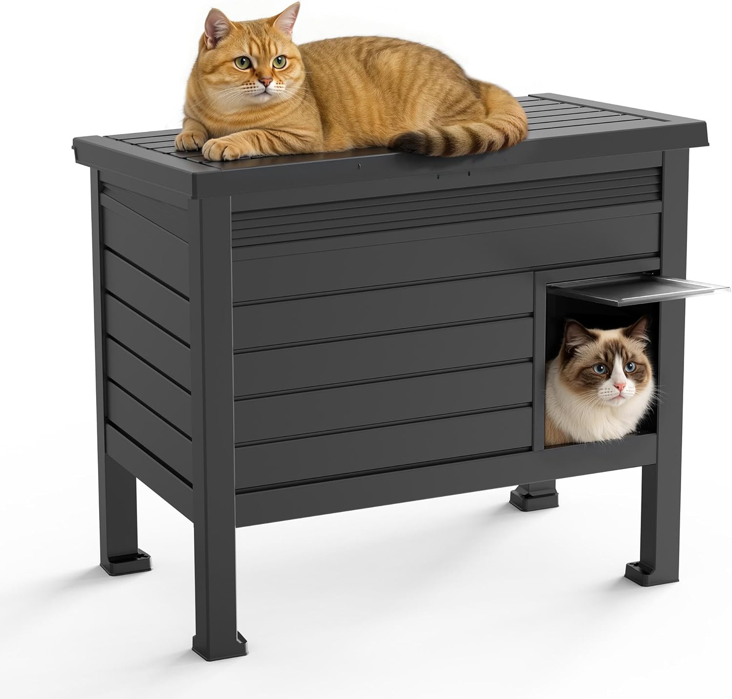 Outdoor Cat House Insulated,Feral Cat Enclosure Weatherproof with Raised Floor&Windscreen,Resin Insulated Cat House for Winter,for Feral Cats, Rabbits, Small Animals(Black,with Cushion)