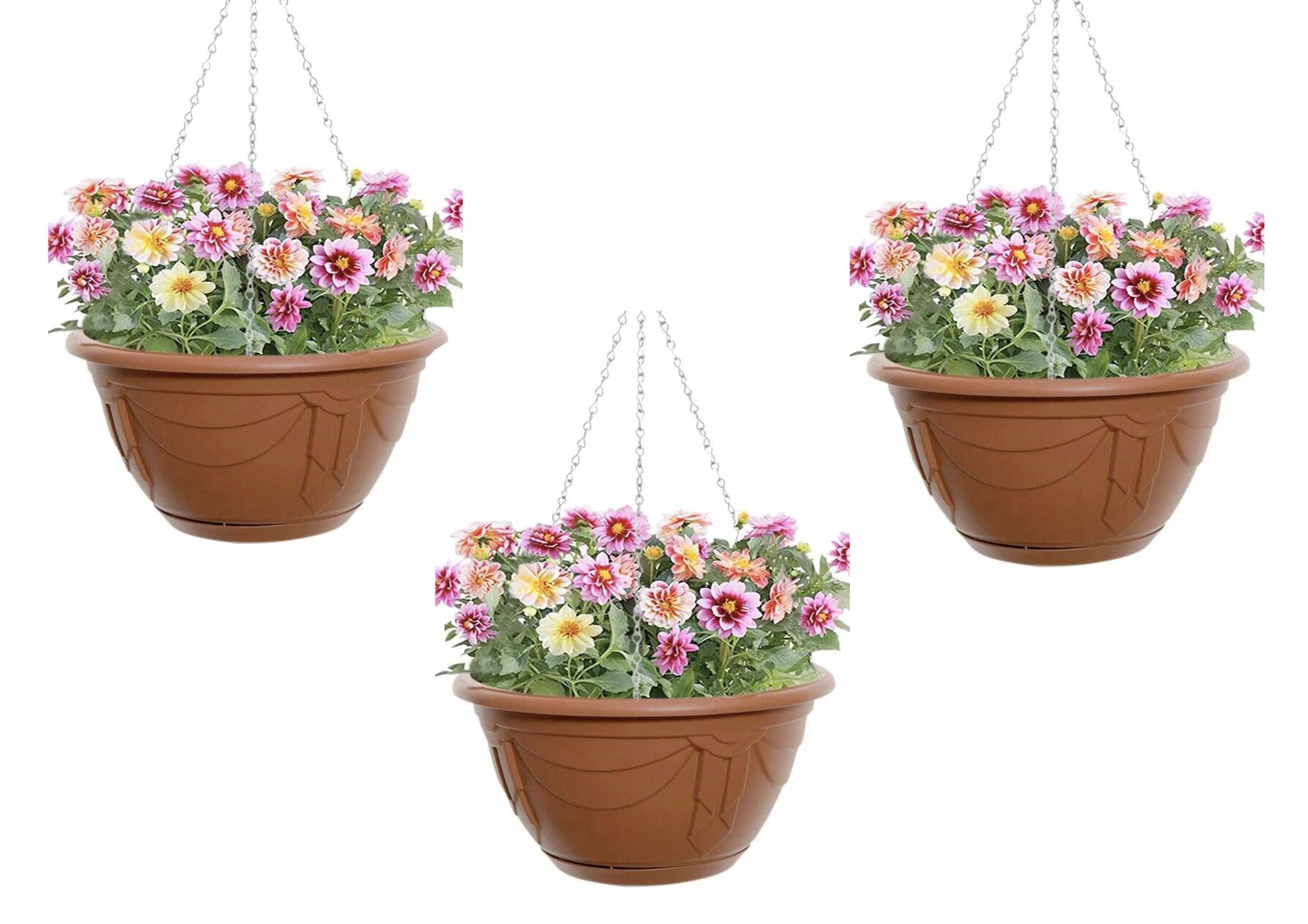 Homion Terracotta Set Of 3 32Cm Hanging Basket Venetian Plastic Planter Moulded In Saucer Plant Pot For Garden