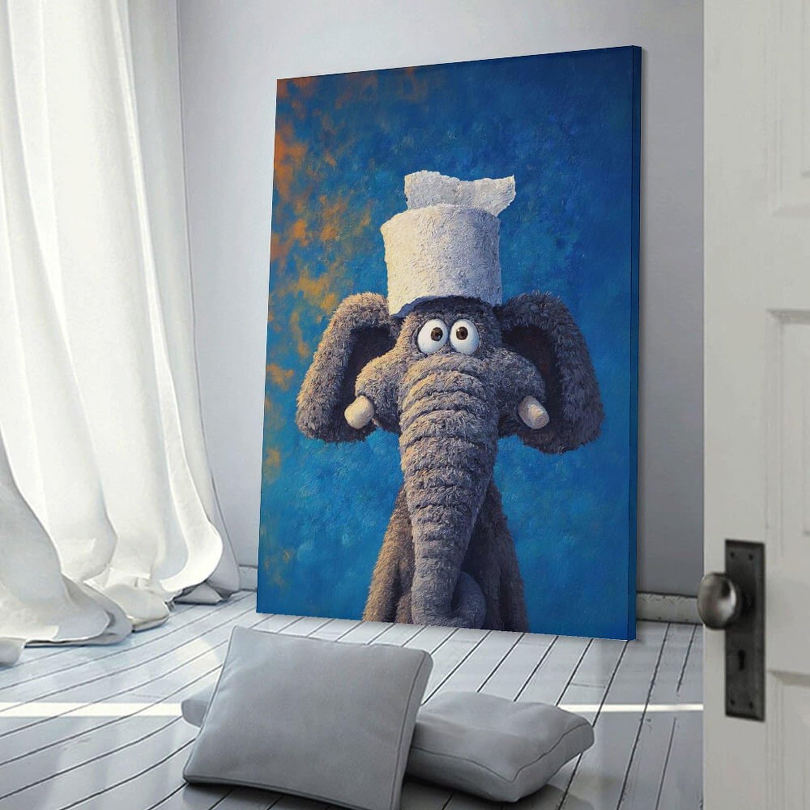 Junmoney Elephant with Hat Painting Hanging Wall Art, 16x24inch(40x60cm), for Bedroom Walls, Guest Spaces Or Lounges, An Easy Wall Refresh for Bedrooms