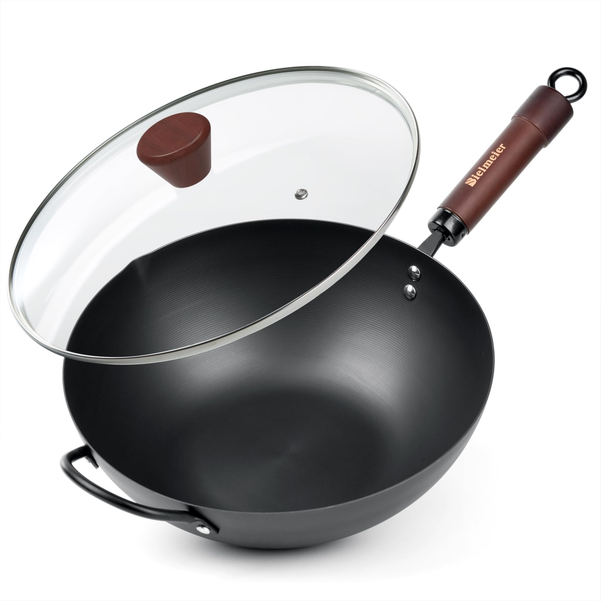 BIELMEIER12.5“ Wok Pan with Lid， Versatile and Durable Carbon Steel Wok - Natural Non-Stick Woks and Stir Fry Pans, Flat Bottom Wok Suitable for All Cooktops - Perfect for Asian Cuisine…