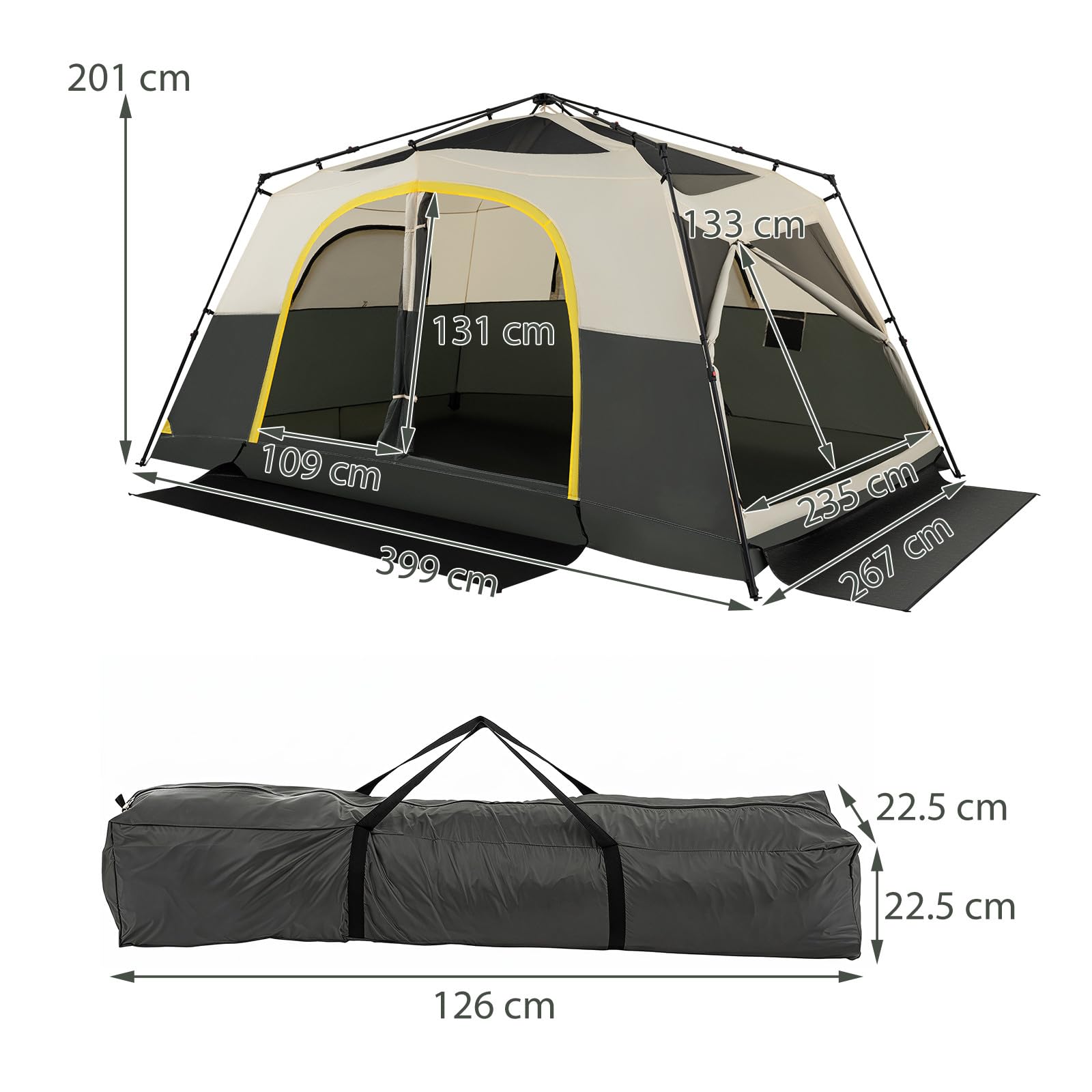 HOMASIS Tienda de Camping Familiar para 10 Personas, 399 x 267 x 201 cm | Tienda de Campaña Grande con Cubierta para Lluvia, Bolsa de Transporte, Ventanas y Puertas, Refugio Portátil para Exteriores