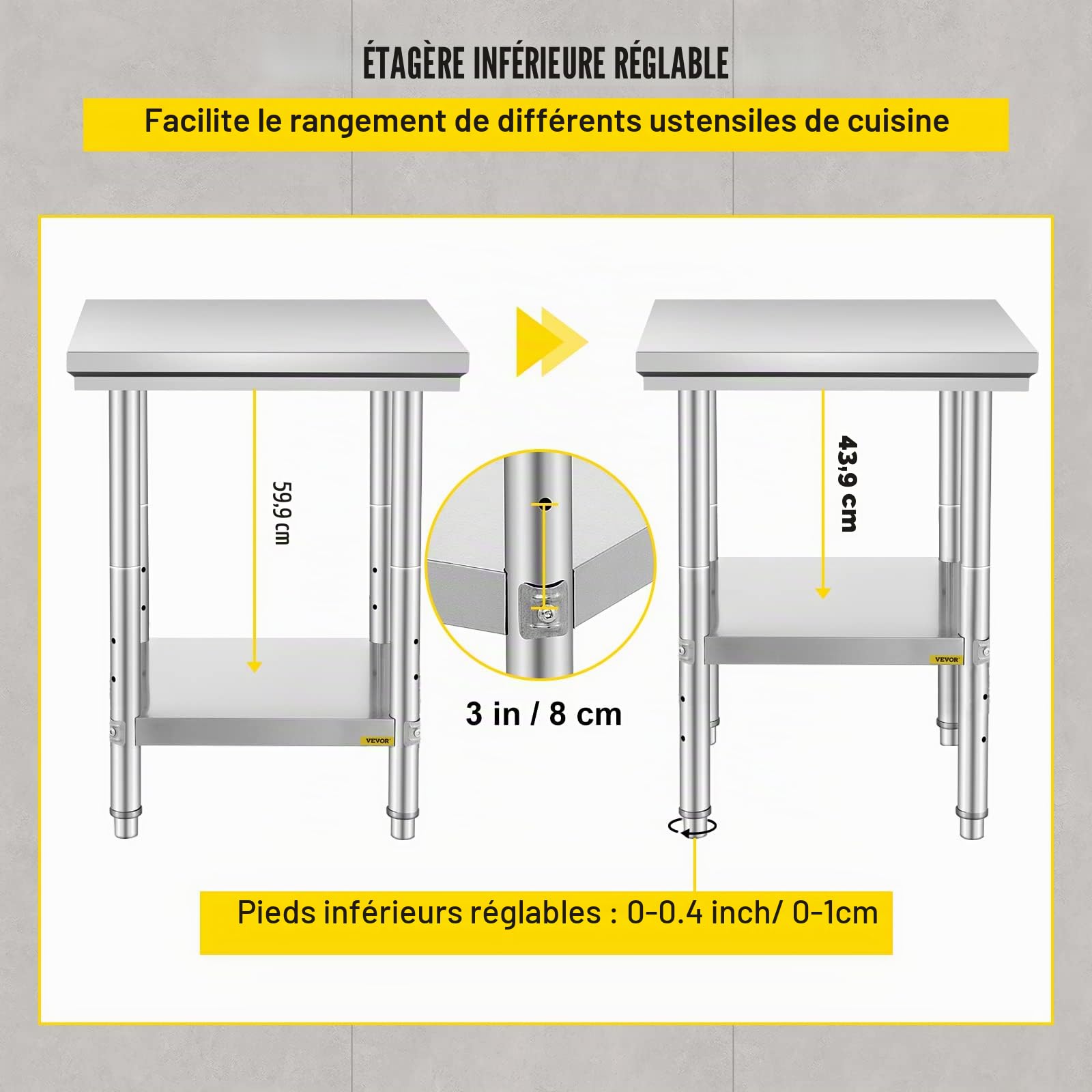 VEVOR Table de travail en acier inoxydable 60 cm x 60 cm pour la préparation des repas, la couture, le lavage, l'artisanat, l'utilisation du garage, etc.