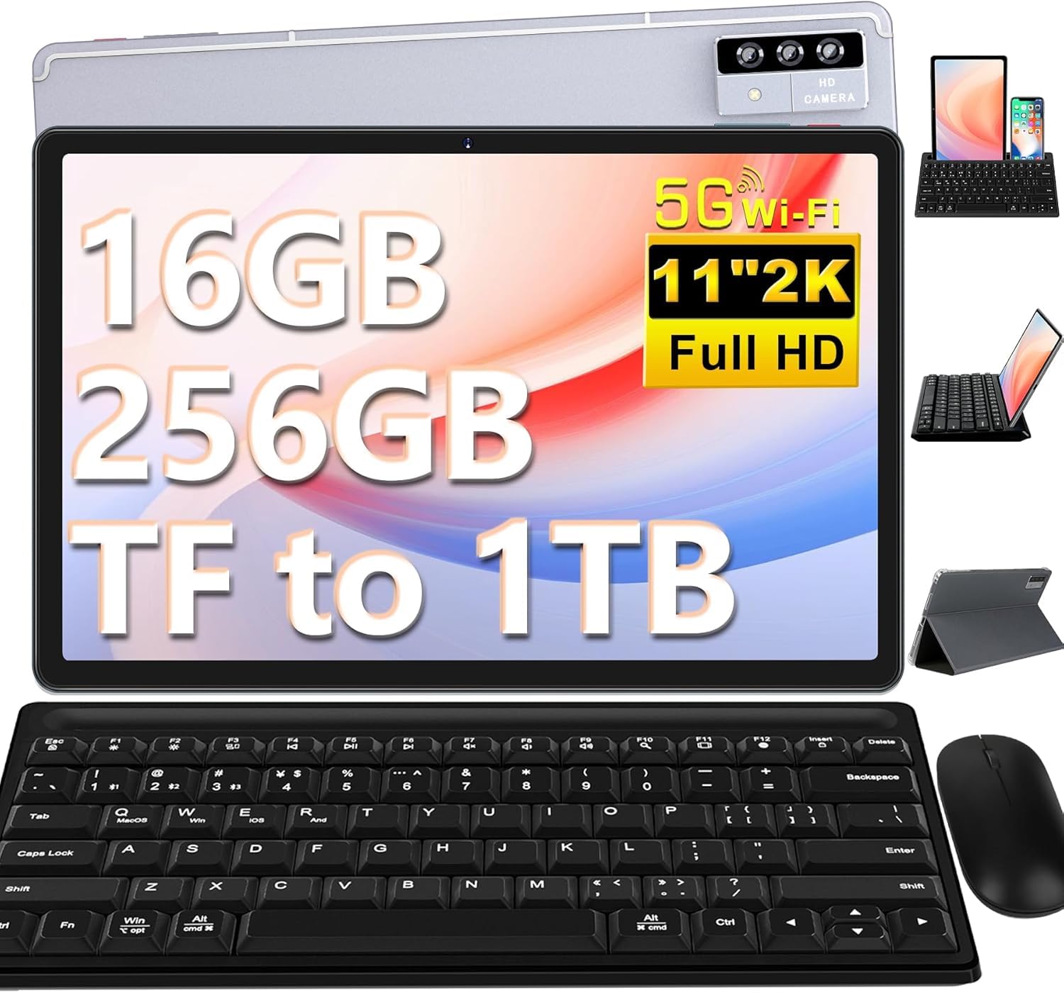 Tablet 11 Pollici Android Tablets, 16GB+256GB(TF 2TB), 8600mAh, 2K FHD Schermo 2000 * 1200, Octa-Core, 4 Altoparlantis, 5MP+13MP+2MP, 2.4G+5G WiFi, BT 5.0, GPS, Tablet con Tastiera+Mouse - Grigio