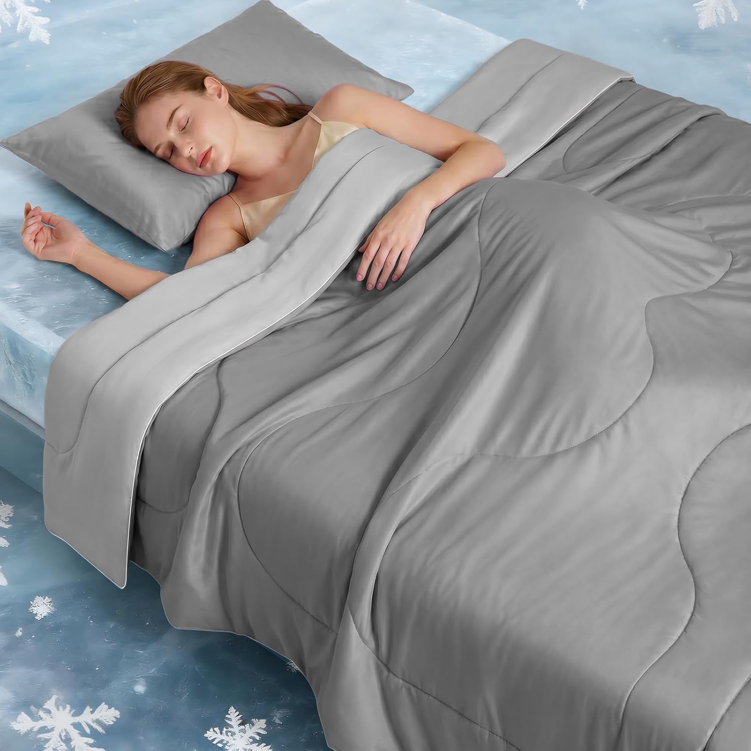 Cooling Comforter Queen Size for Hot Sleepers,Double-Sided Cooling Blanket with Q-Max Cooling Fabric,Lightweight Breathable Cooling Summer Comforter for Night Sweats Grey 80"x90"