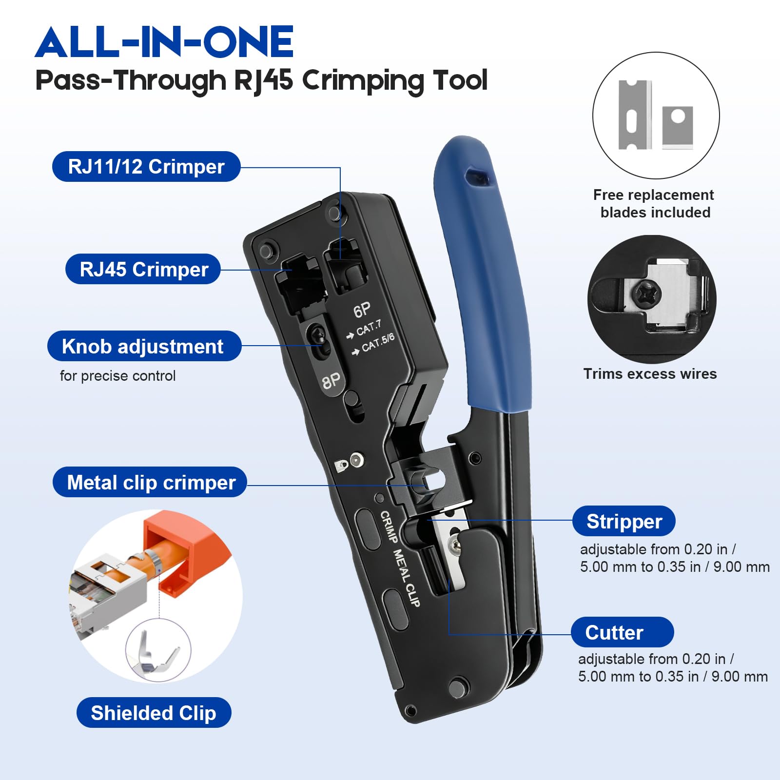 RJ45 Pass-Through Crimpzange Set für Cat5/Cat6/Cat7 mit Tester | Pass-Through Crimpzange mit Stecker. Set inkl. 20 RJ45 Stecker, Tester & LSA-Werkzeug. Kompatibel mit Cat5, Cat6, Cat7.