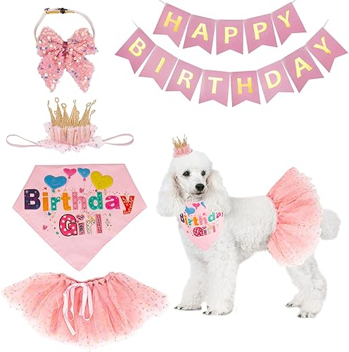 ADOGGYGO Sombrero de cumpleaños para perro, bandana para niña, suministros para fiesta de cachorros, tutú rosa, bufanda, lazo feliz (rosa-2)