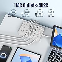 Vista 2 de Regleta protectora de sobretensiones de enchufe plano de 6 pies, 11 salidas de CA múltiples con 6 puertos USB (2 USB C), cable de extensión de 6