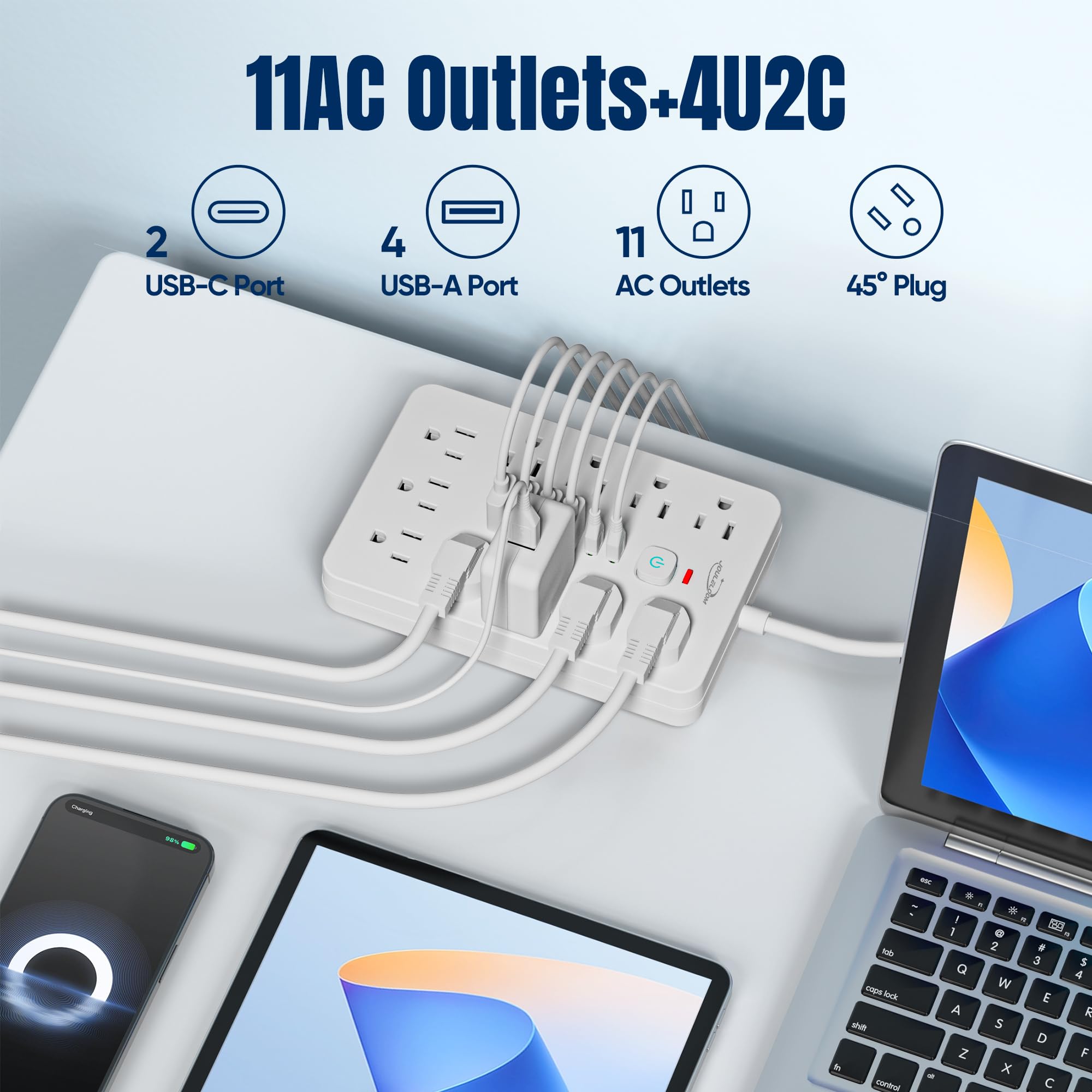 JouleLoom Überspannungsschutz-Steckdosenleiste mit flachem Stecker, 11 mehrere AC-Steckdosen mit 6 USB-Ports (2 USB C), 1,8 m Verlängerungskabel, 1250 W/10 A, One-Touch-Schalter-Taste, 17-in-1