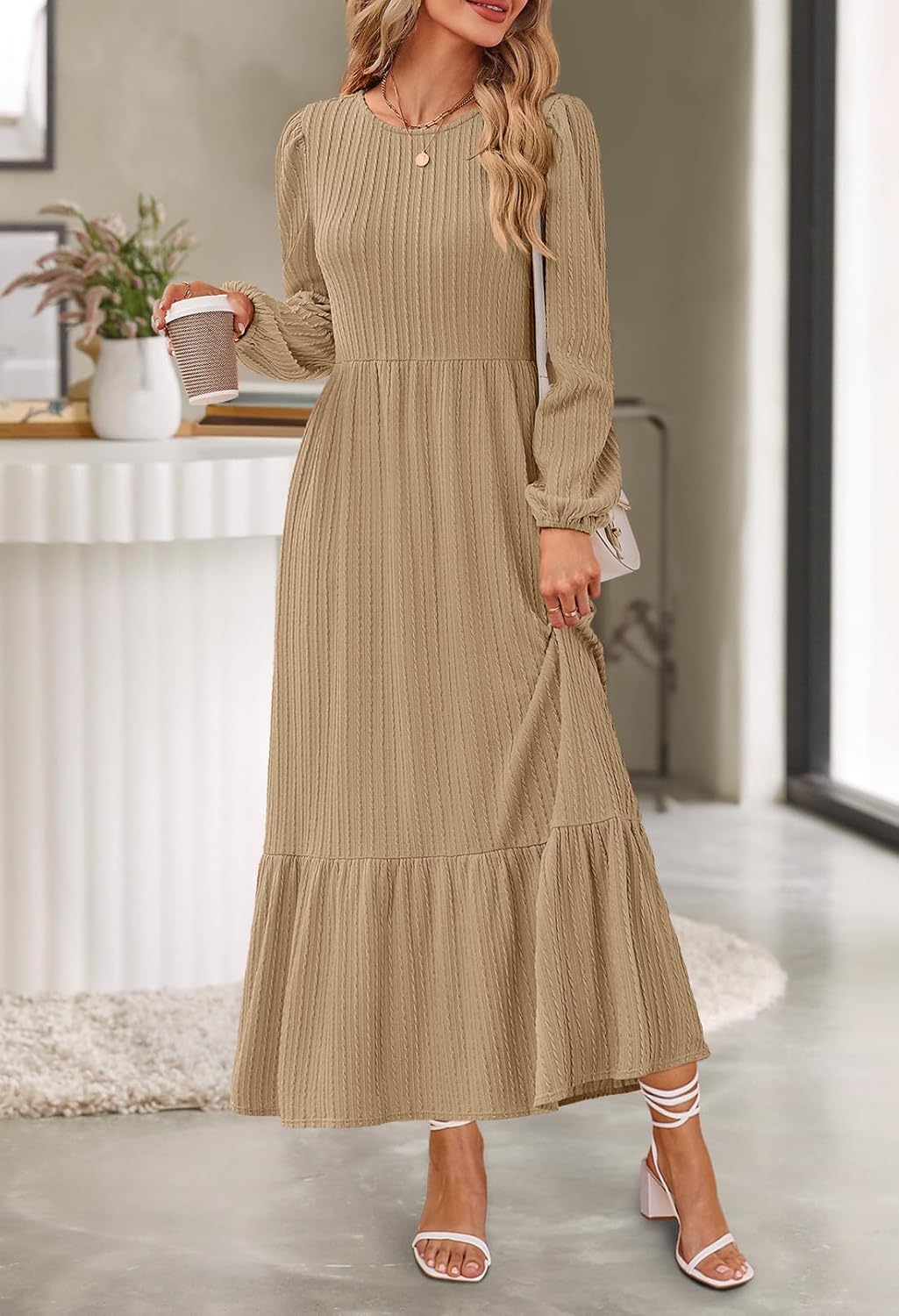 MEROKEETY Women's Fall Long Sleeve Maxi Dresses 2025 Casual Knit Crew Neck Tiered Flowy Pockets Dress - Image 6