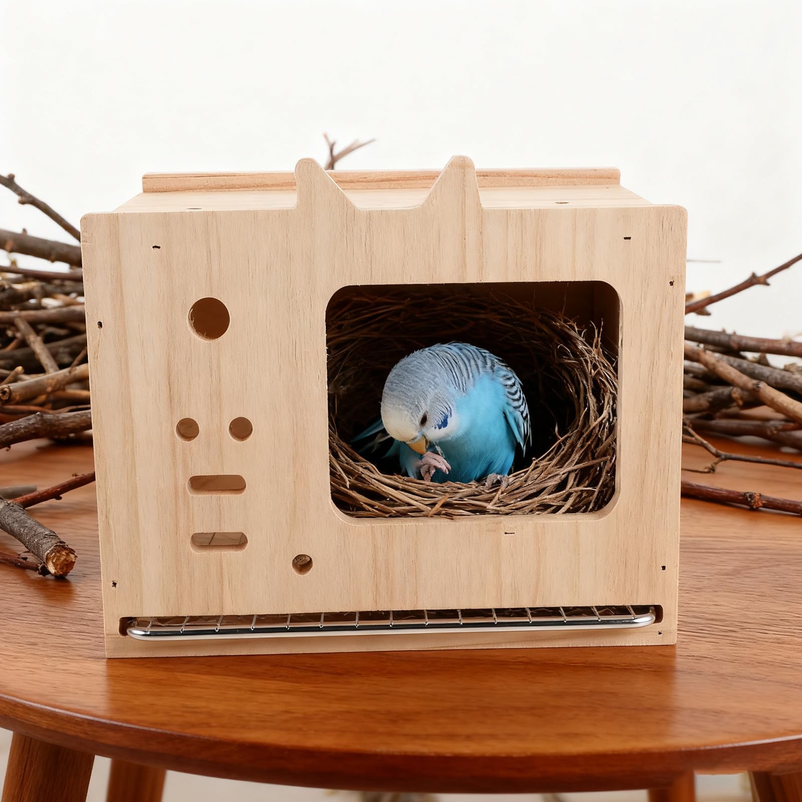 Nido de Pájaro para Periquito de Jaula de Madera con Base Extraíble | Ventilación Interior, Protección Año, Uso en Jaulas de Aves, Formato Compacto y Elegante