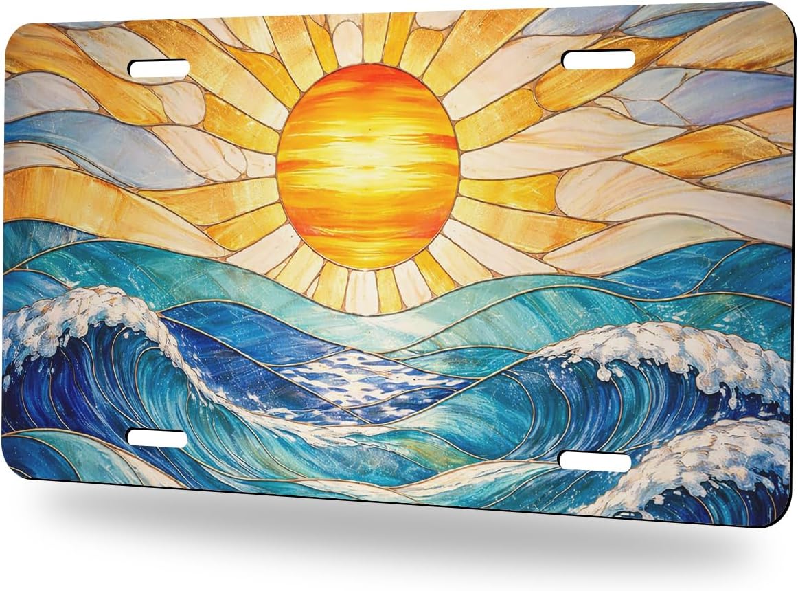 Stained Glass Front License Plate Hope Ocean Beach Car Vanity Plates Decorative Aluminum Metal Cute Novelty License Plate Cover with 4 Holes for Men Women 6" X 12"