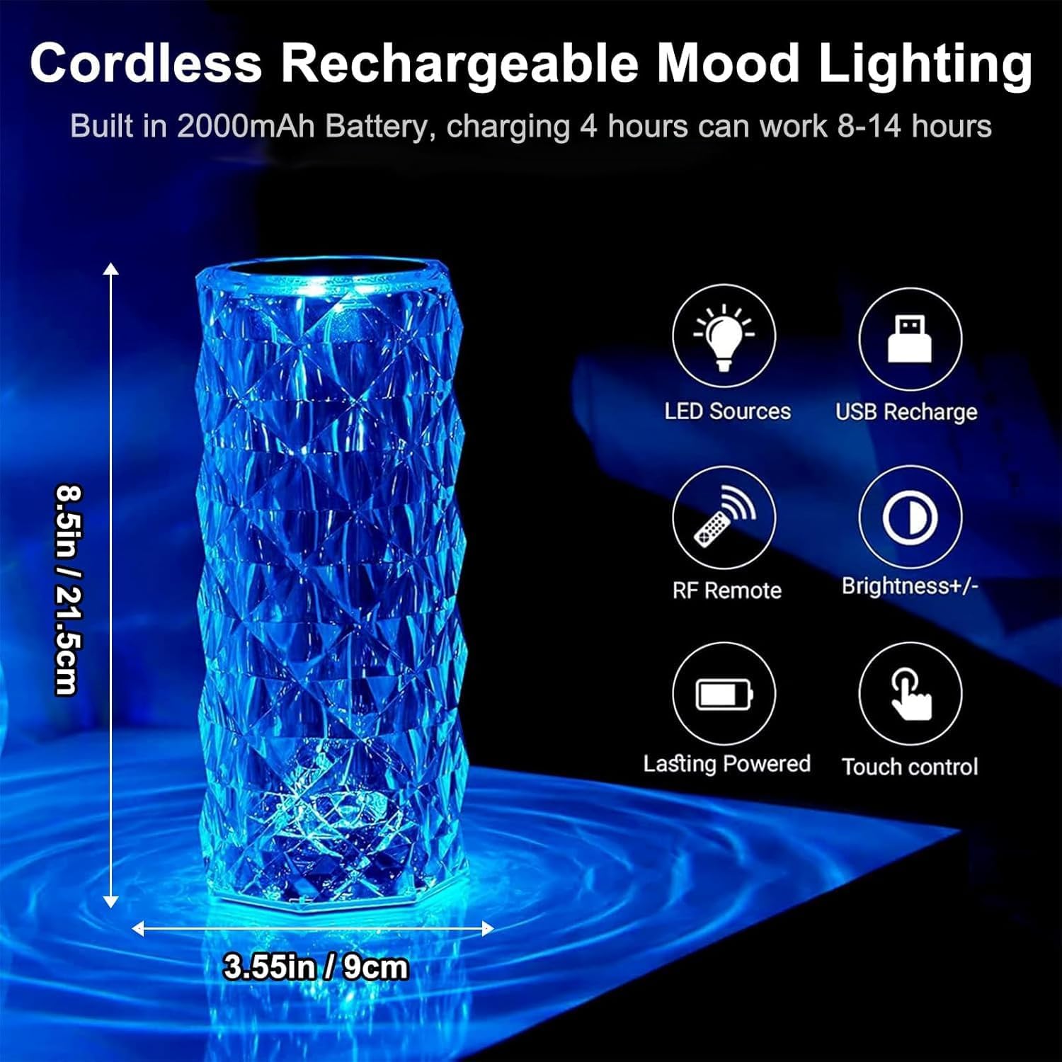 2-Pack Crystal Table Lamp Touch, 16 Color Changing Night Light, Rechargeable, Dimmable, RGB Rose Diamond Mood Lighting, Protable Cordless Desk Lamp Bedside Led Light for Bedroom Living Room Party