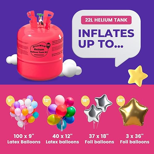 Miniatura 2 de GreatWhip Tanque de helio de 22L hasta 100 globos de látex, tanque de helio para globos en casa, globos de látex y cintas incluidos