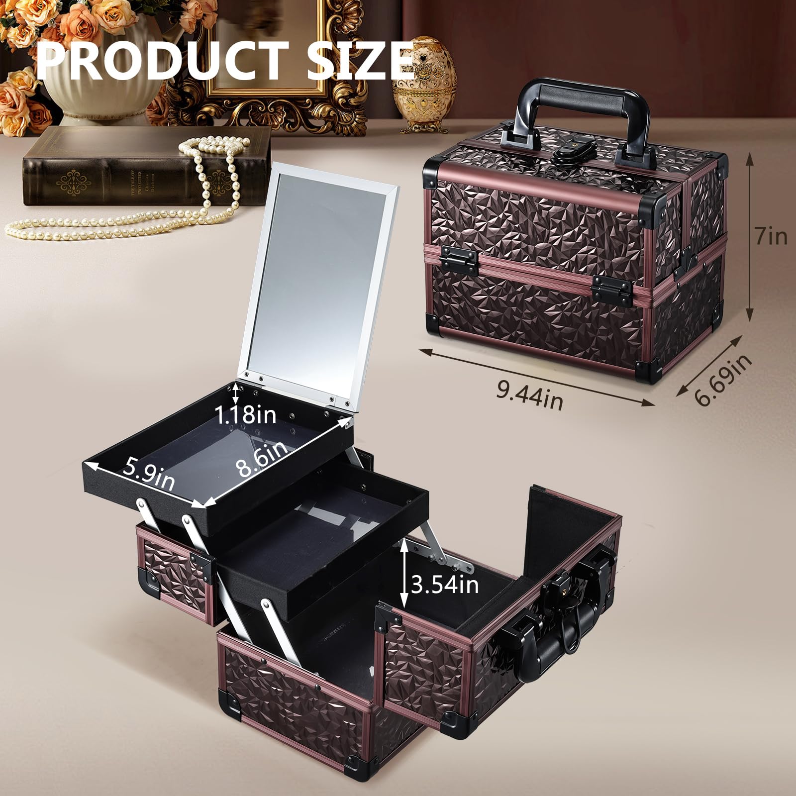 Joligrace Portable Makeup Train Case with Mirror and 2-Tier Trays